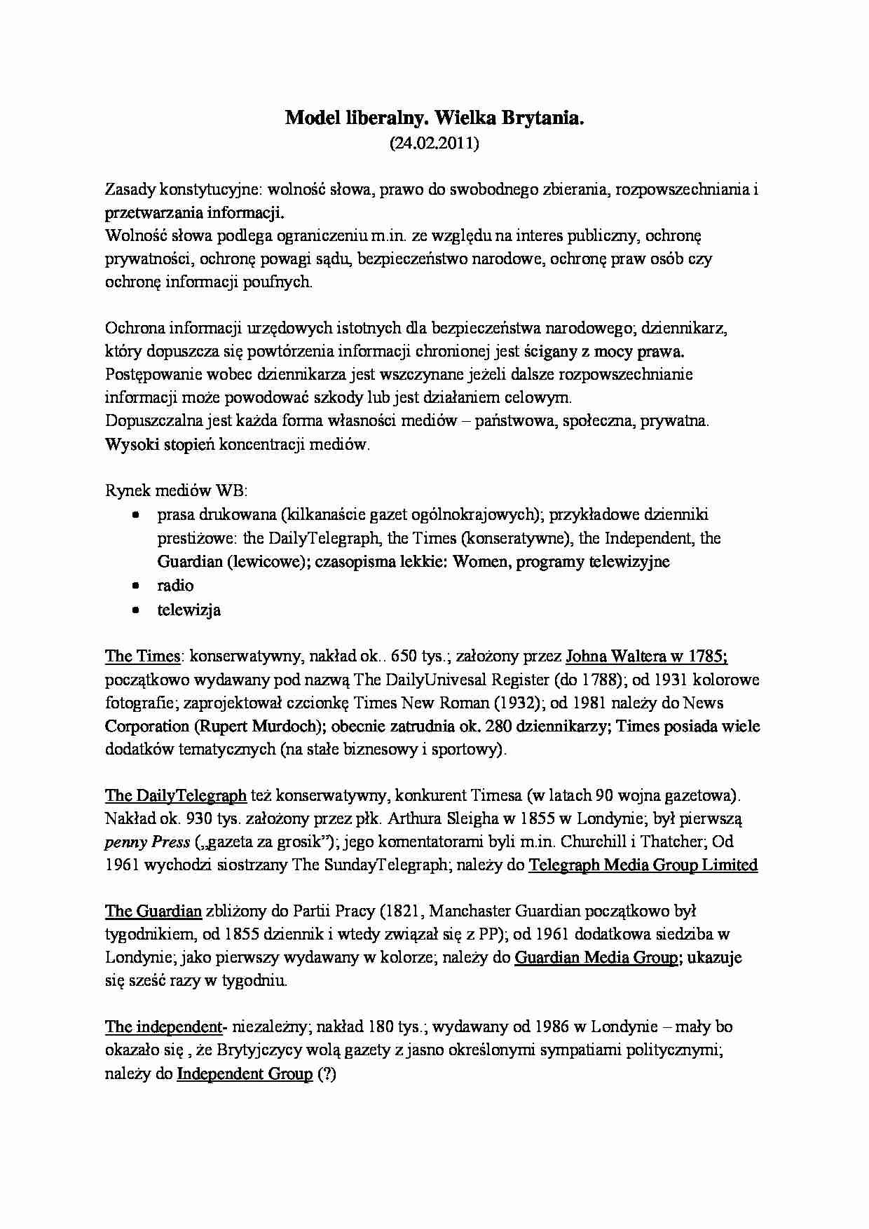 Model liberalny. Wielka Brytania. - strona 1