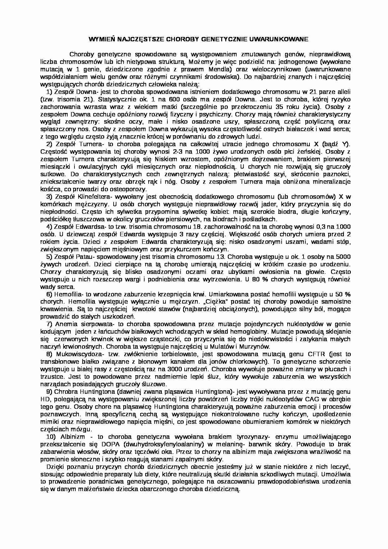Najczęstsze choroby genetyczne uwarunkowane - strona 1