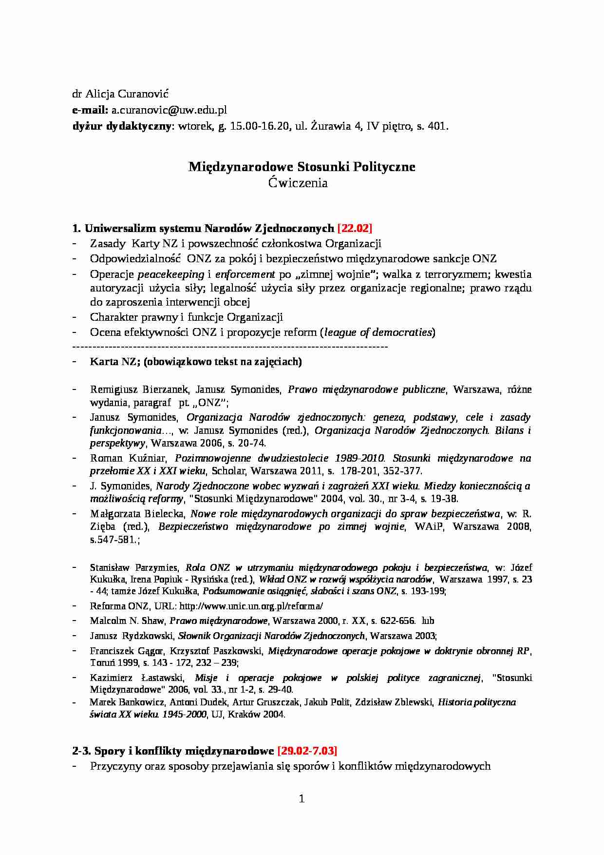 Międzynarodowe stosunki polityczne - przewodnik zajęć - strona 1