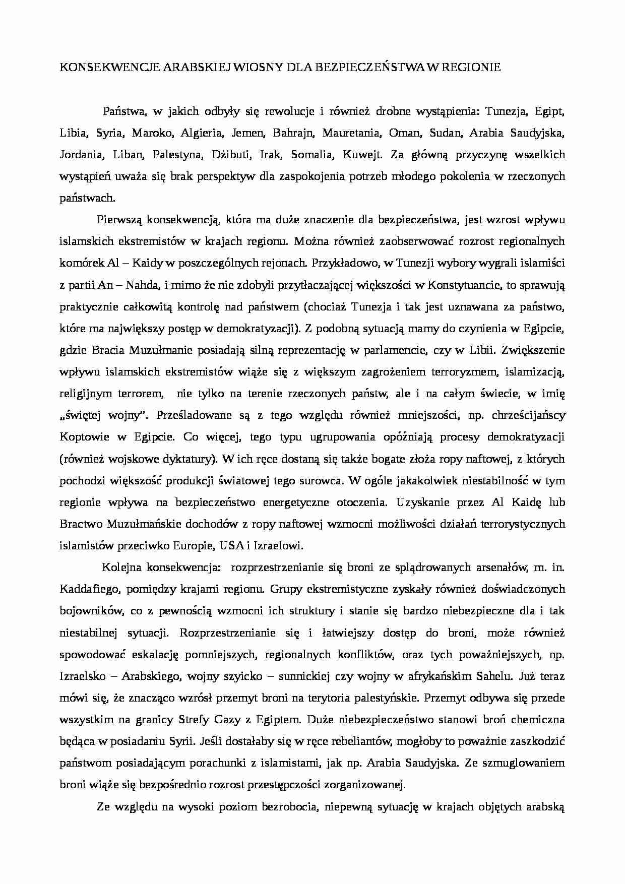 Konsekwencje arabskiej wiosny - referat - strona 1