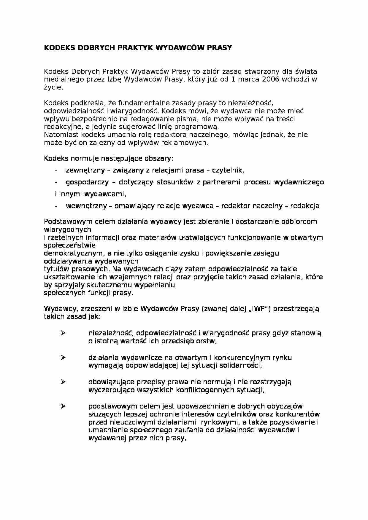 Kodeks dobrych praktyk wydawców prasy - strona 1