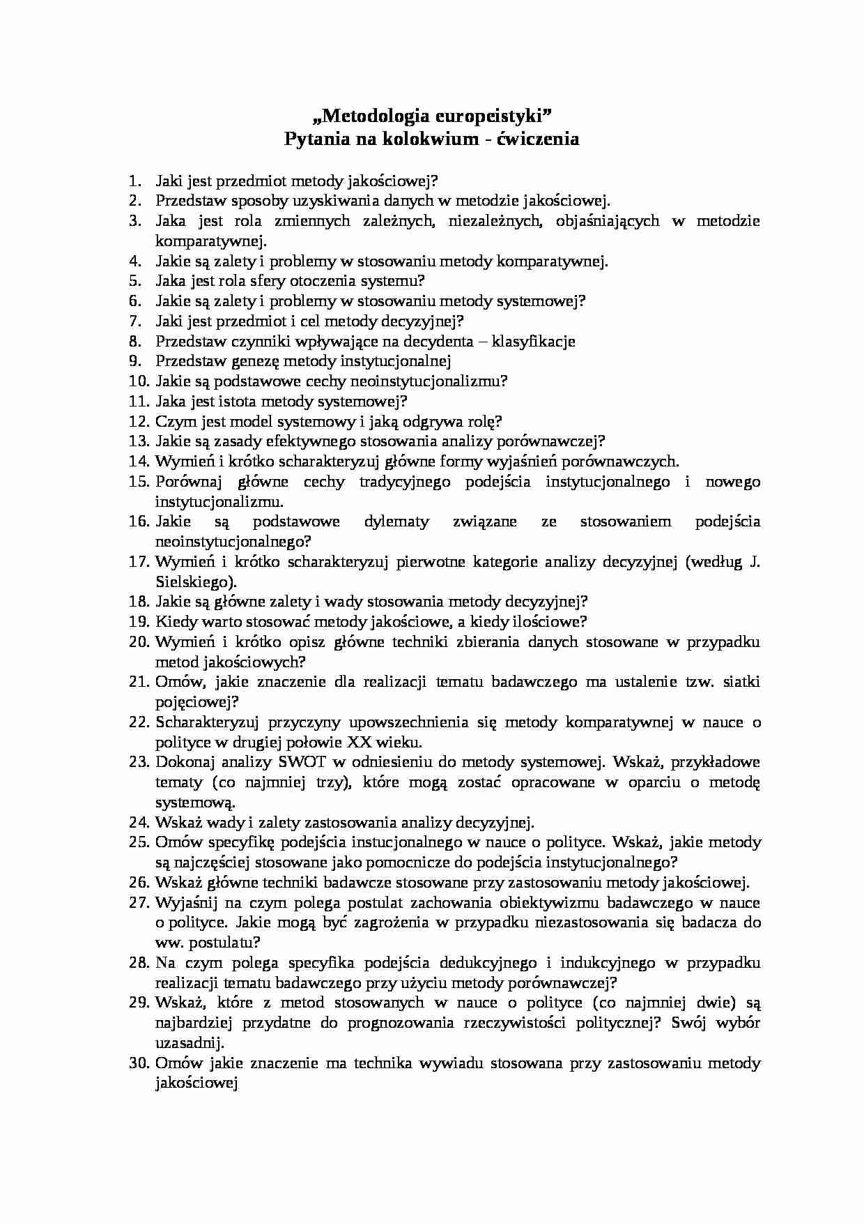 Pytania na kolokwium - Metodologia europeistyki - strona 1