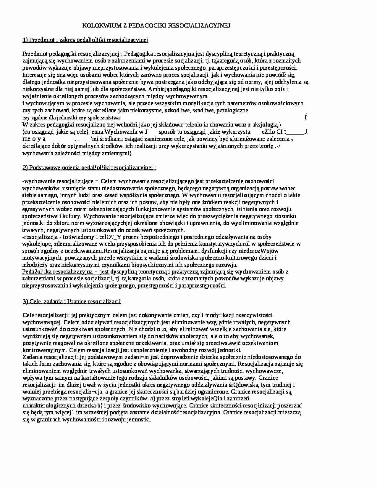 Kolokwium z pedagogiki resocjalizacyjnej - strona 1