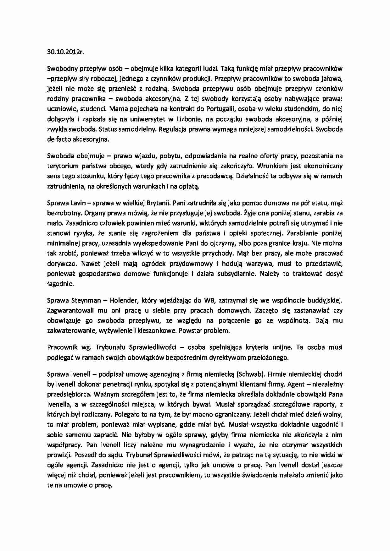 Swobodny przepływ osób - wykład 30.10.2012 - strona 1