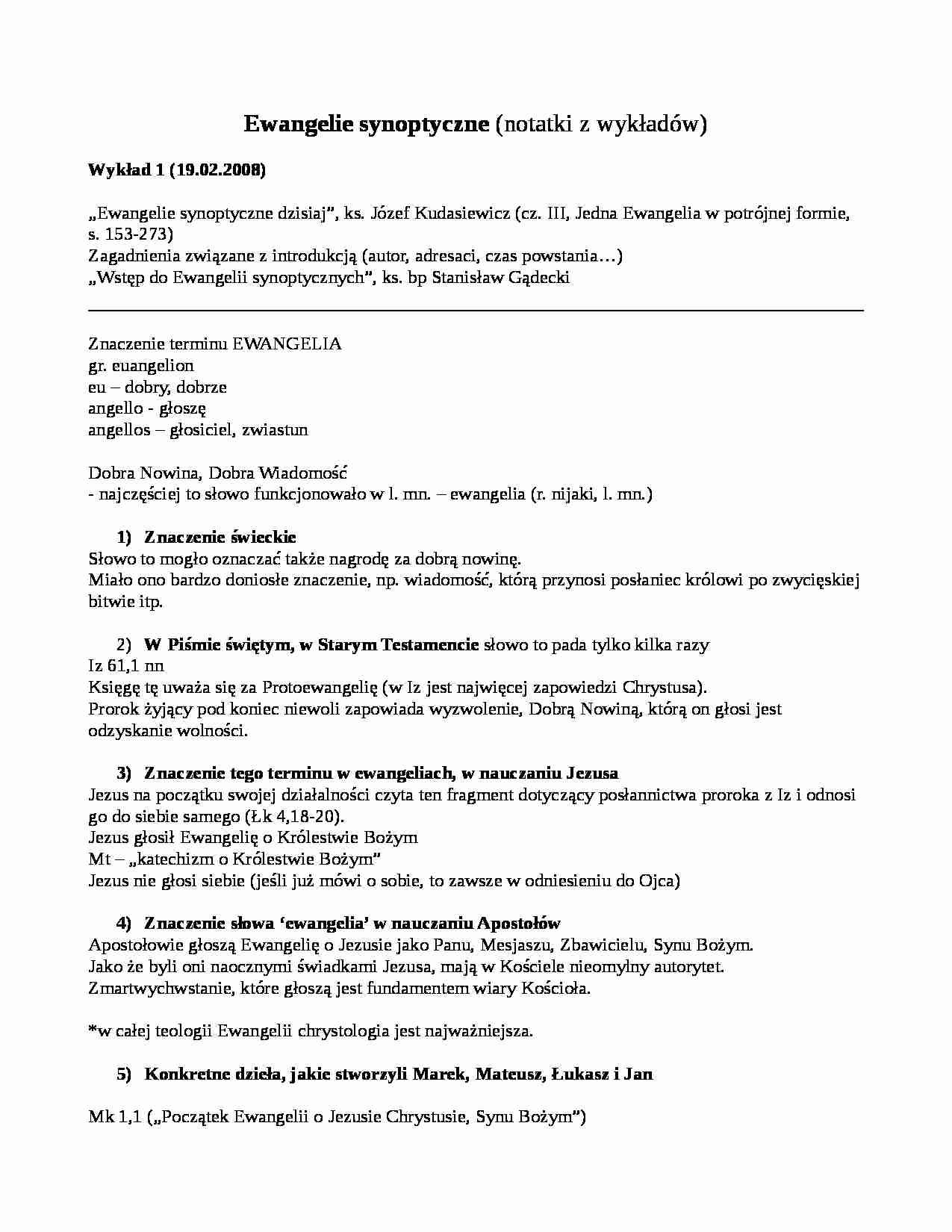 Ewangelie synoptyczne - notatki z wykładów - strona 1