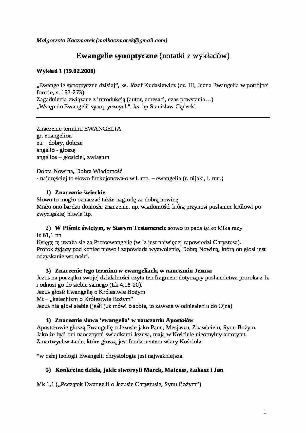Ewangelie synoptyczne - wykład - Znaczenie świeckie - strona 1