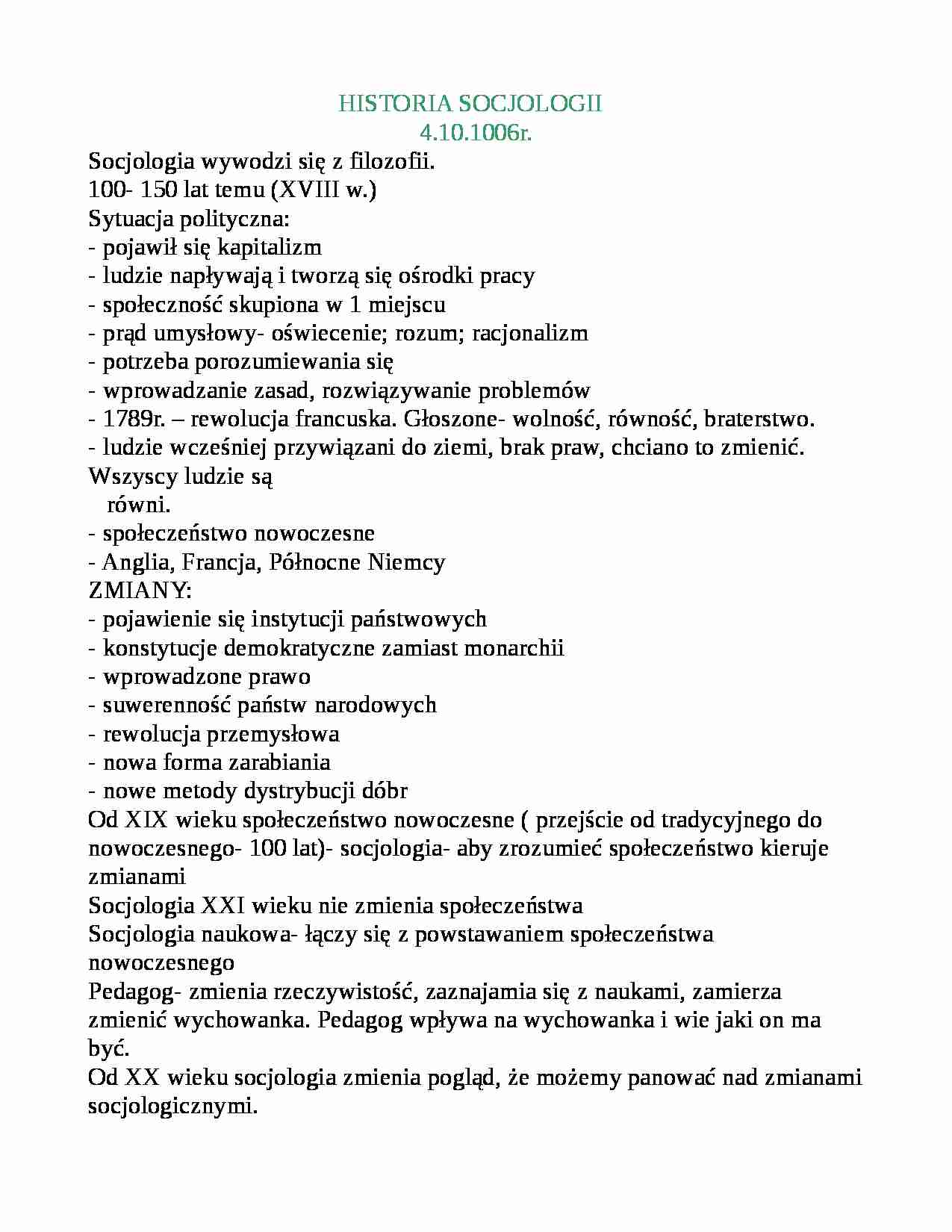 Historia socjoligii - wykład - strona 1