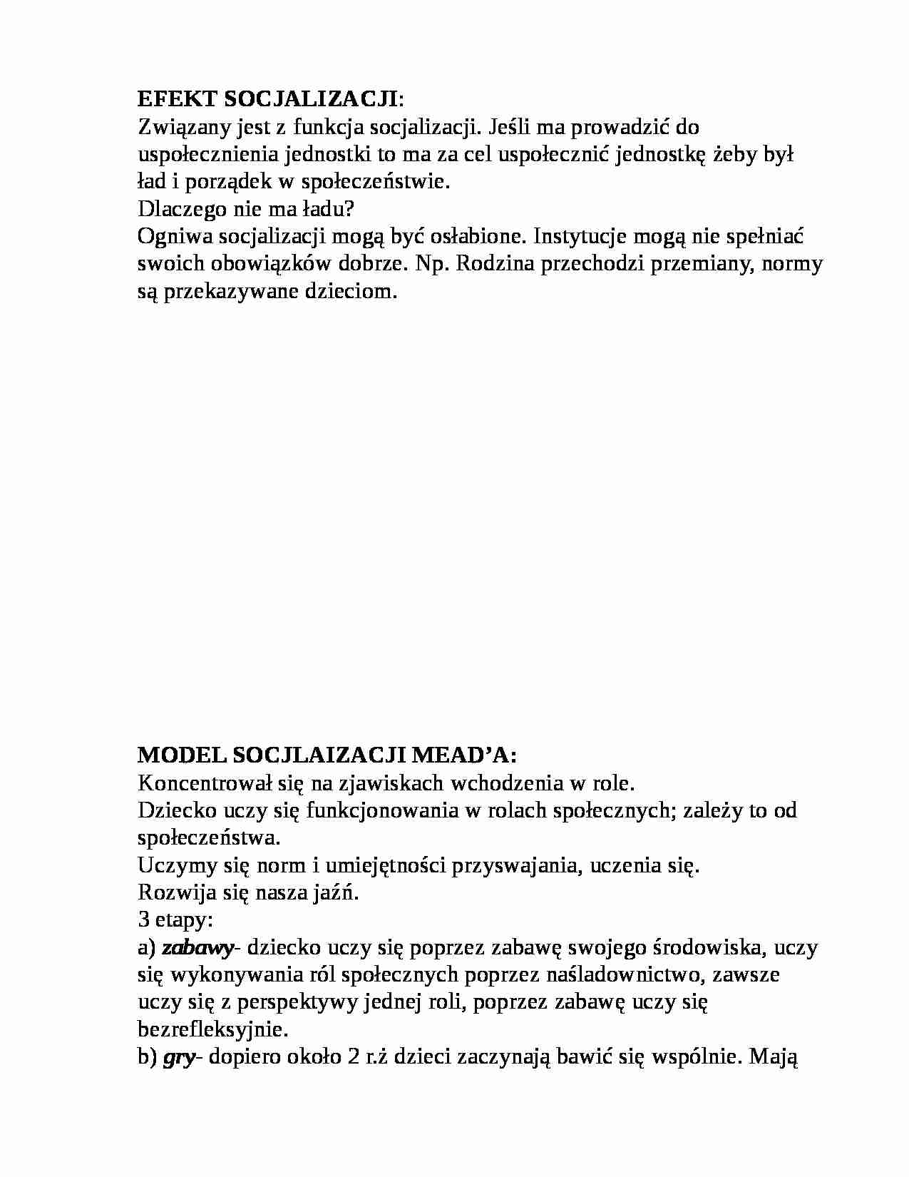 Model socjalizacji Mead'a, efekt socjalizacji - strona 1