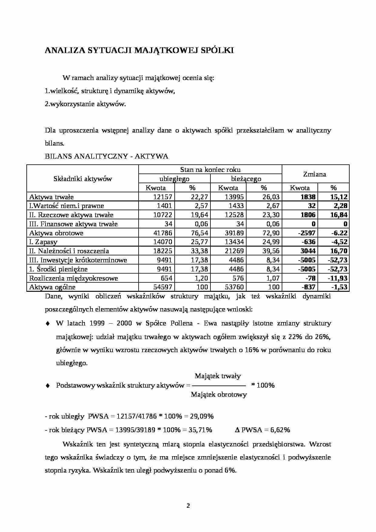 Analiza sytuacji majątkowej spółki - strona 1