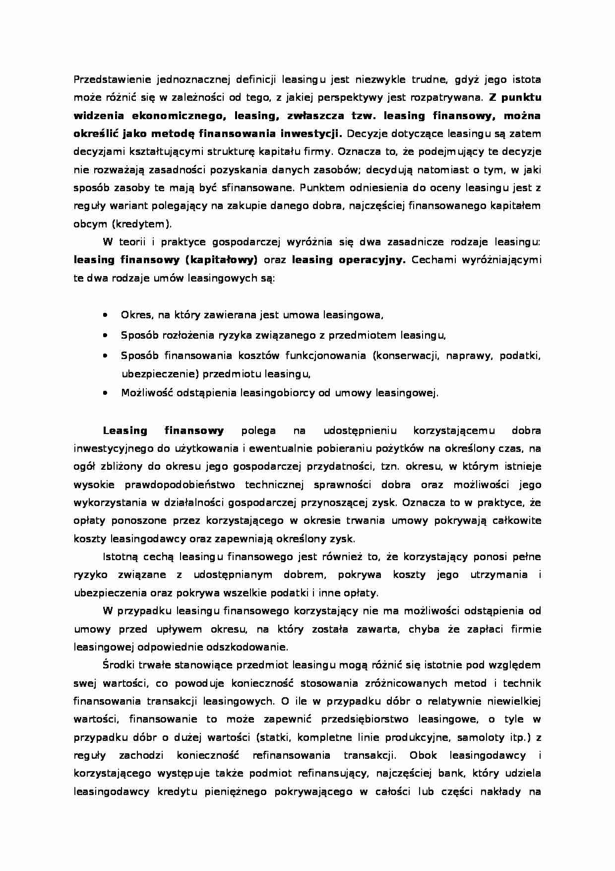Leasing - istota i rodzaje - leasing finansowy  - strona 1