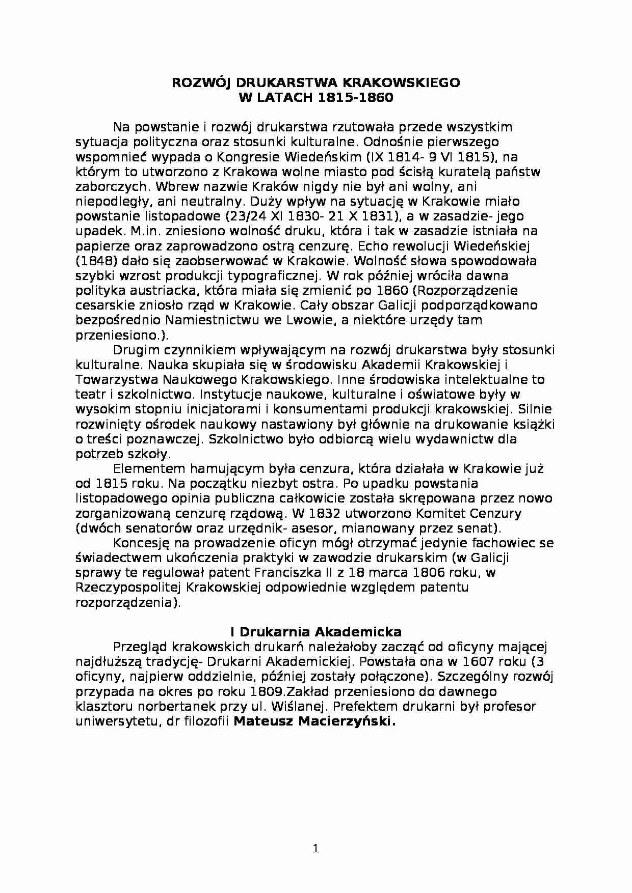 Rozwój drukarstwa krakowskiego w XIX wieku - strona 1