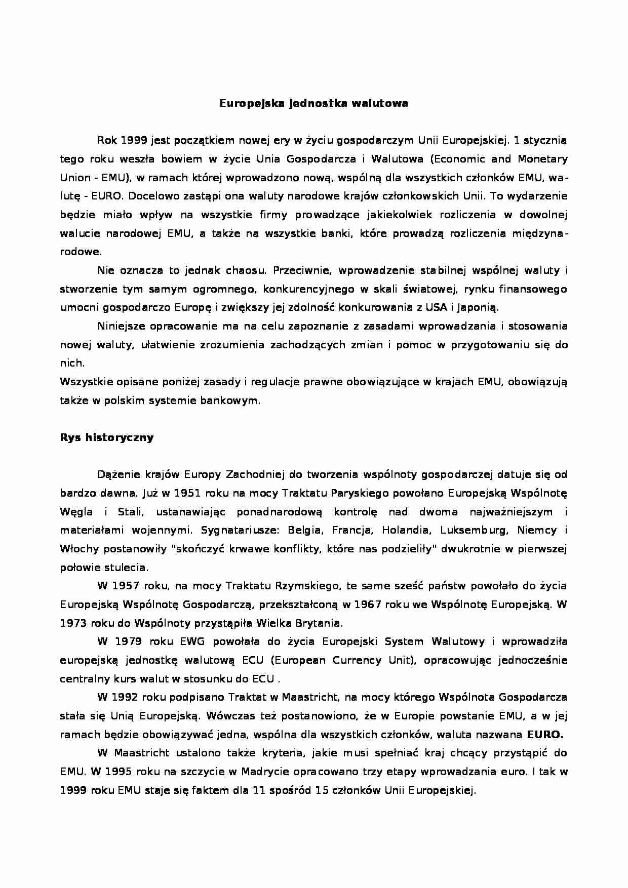 Europejska jednostka walutowa - Rys historyczny - strona 1