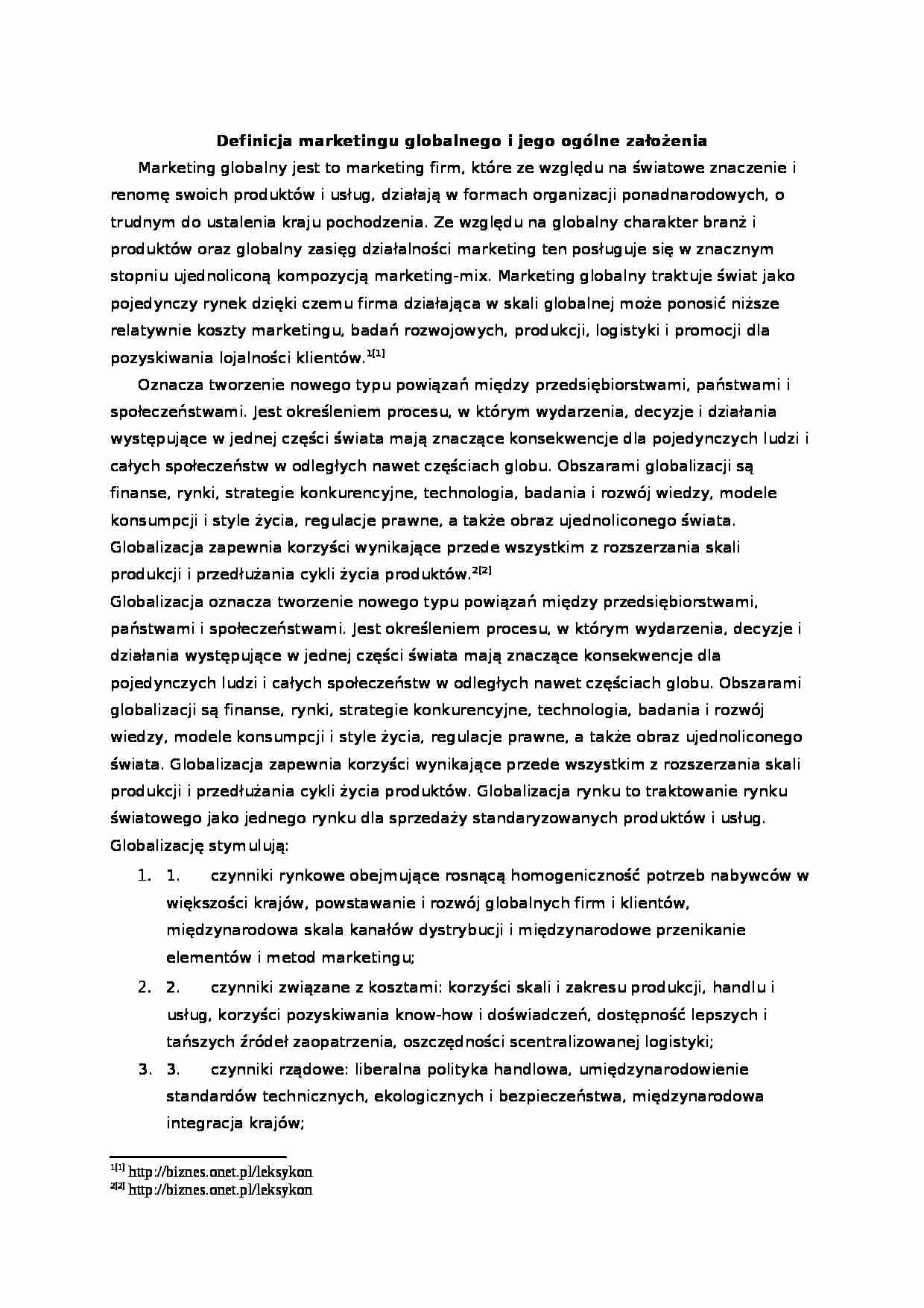 Marketing globalny - ogólne założenia  - strona 1