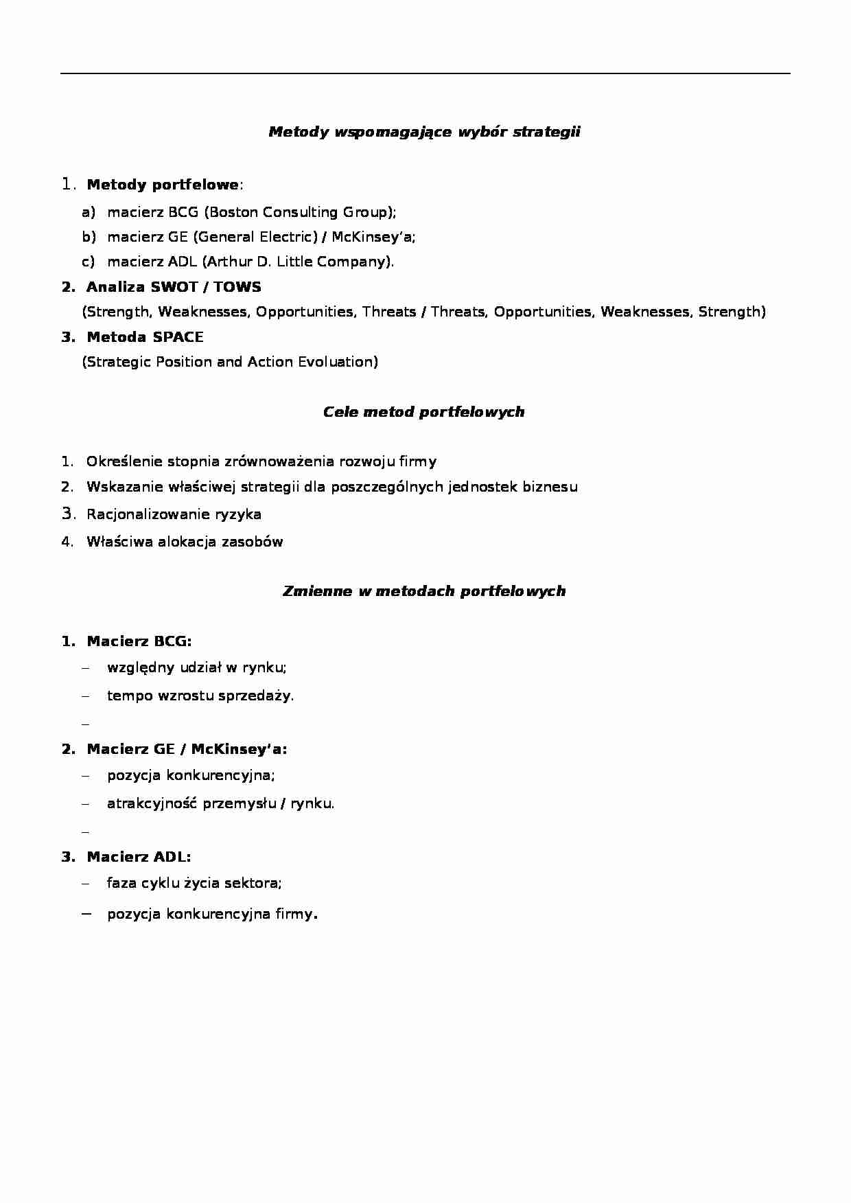 Metody wspomagające wybór strategii - strona 1