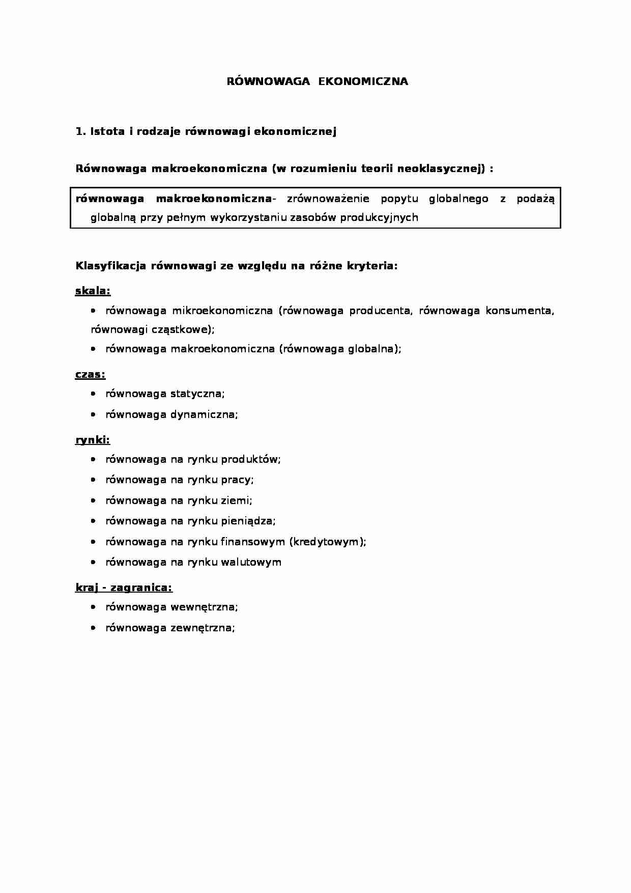 Równowaga ekonomiczna - Istota i rodzaje  - strona 1