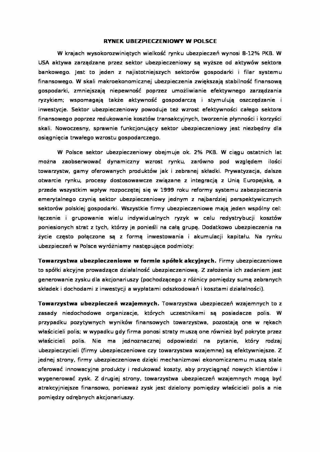 Rynek ubezpieczeniowy w Polsce - Towarzystwa ubezpieczeń wzajemnych - strona 1