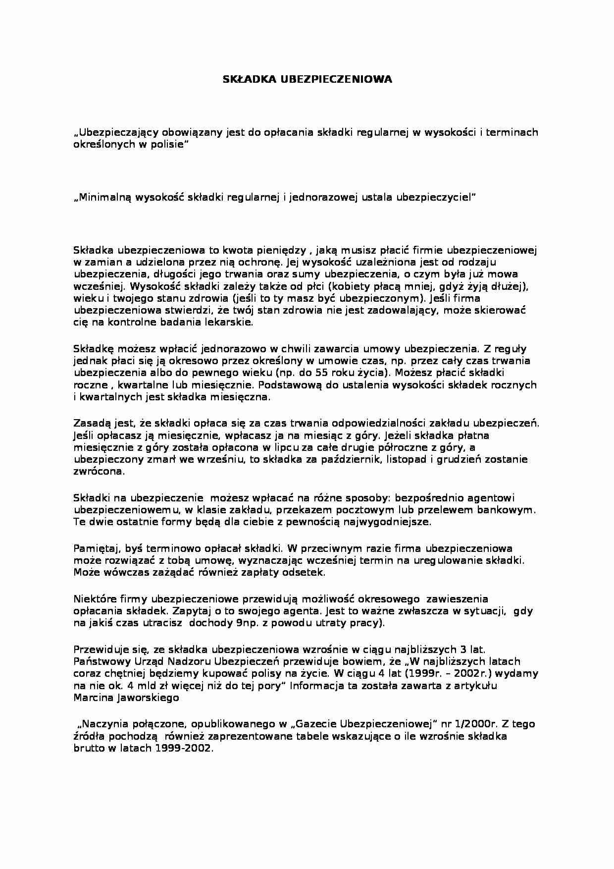Składka ubezpieczeniowa - Państwowy Urząd Nadzoru Ubezpieczeń - strona 1