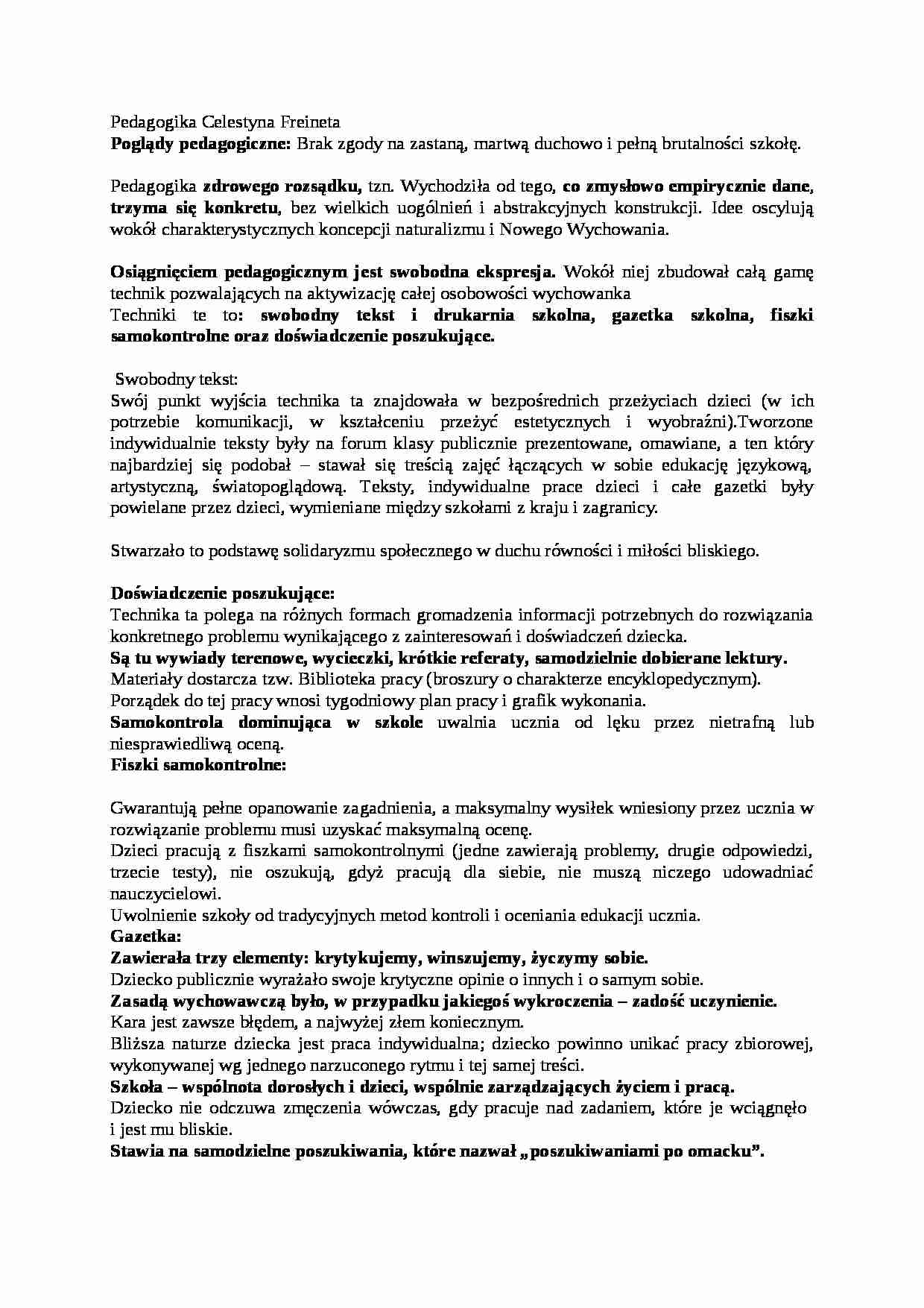 Pedagogika Celestyna Freineta - Fiszki samokontrolne - strona 1