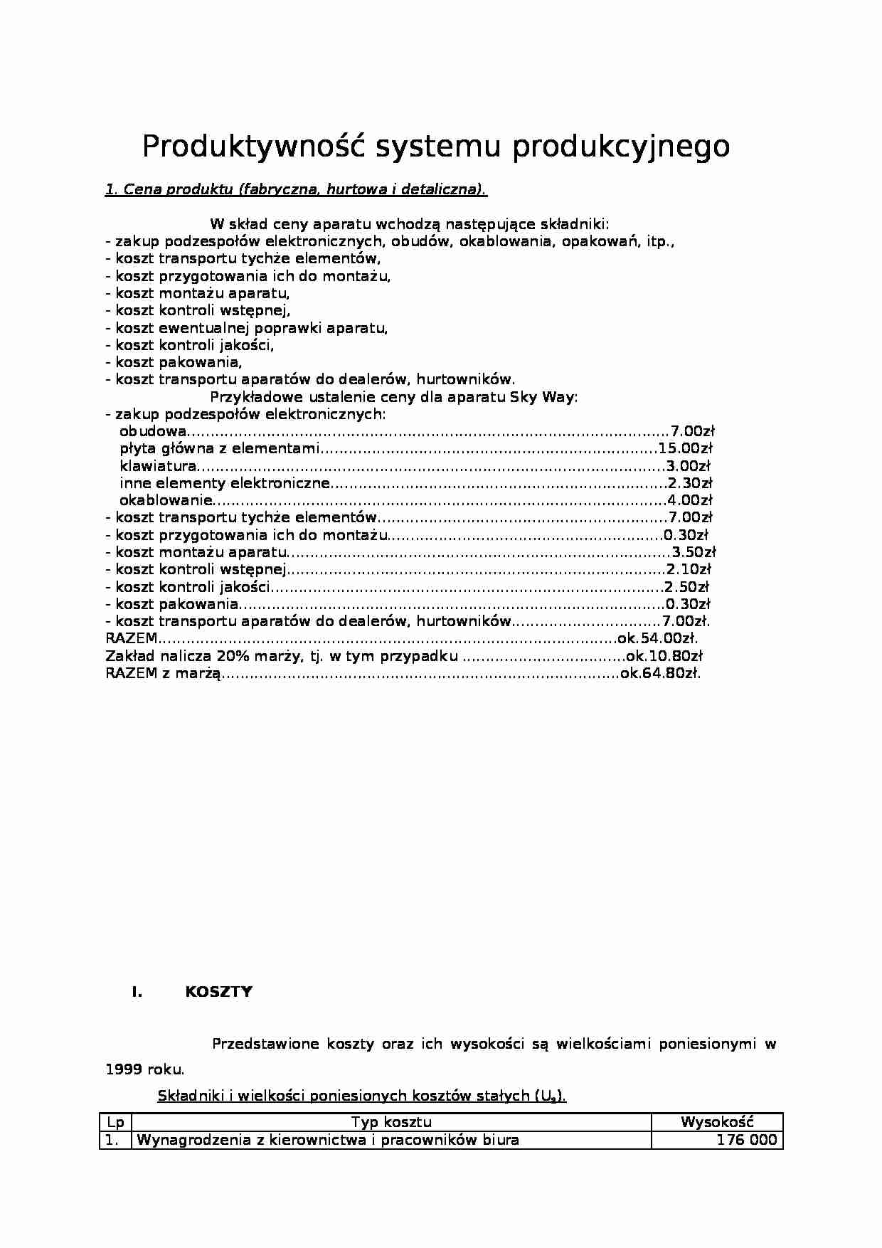 Produktywność systemu produkcyjnego - Cena produktu - strona 1