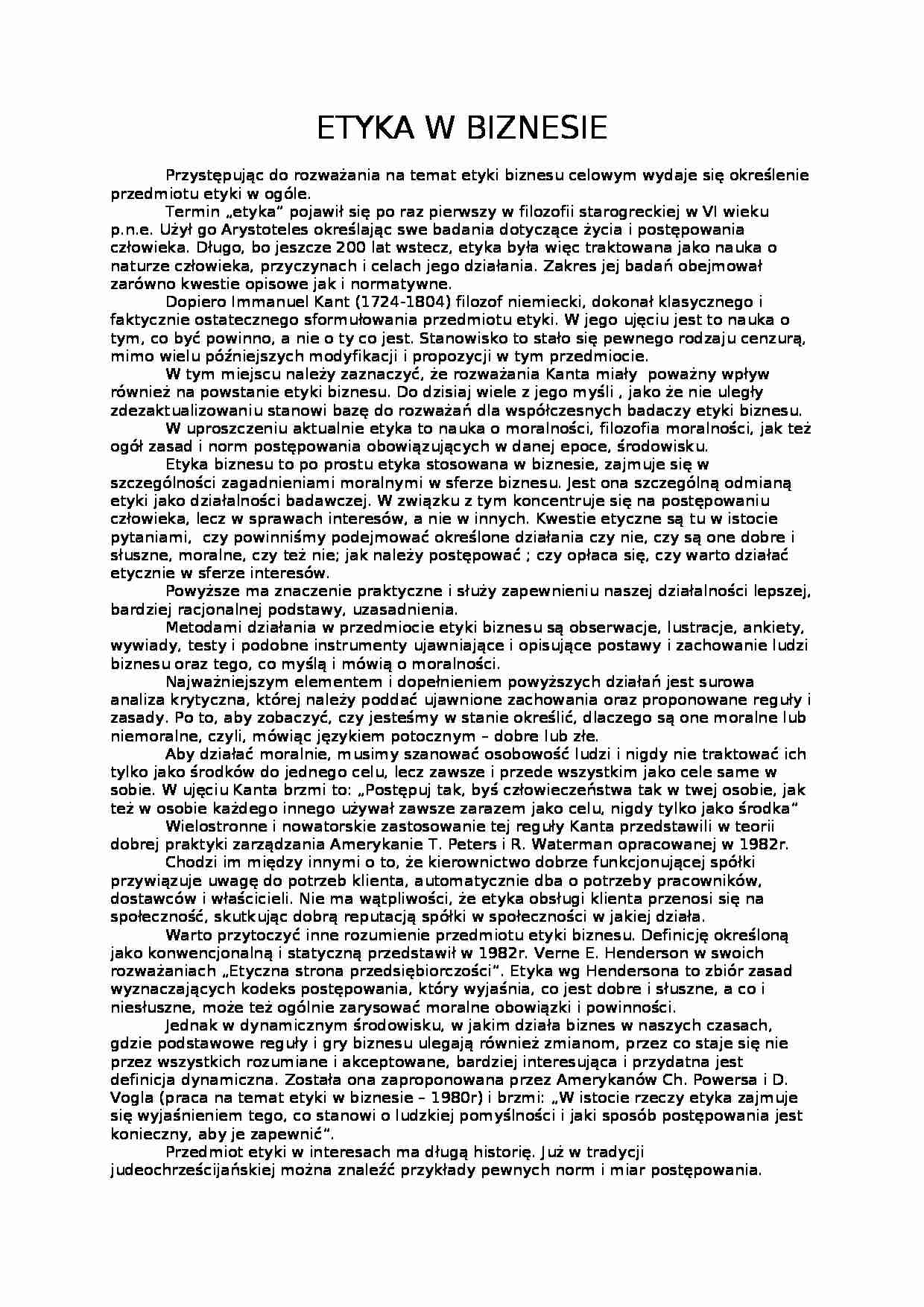 Etyka w biznesie - Immanuel Kant - strona 1