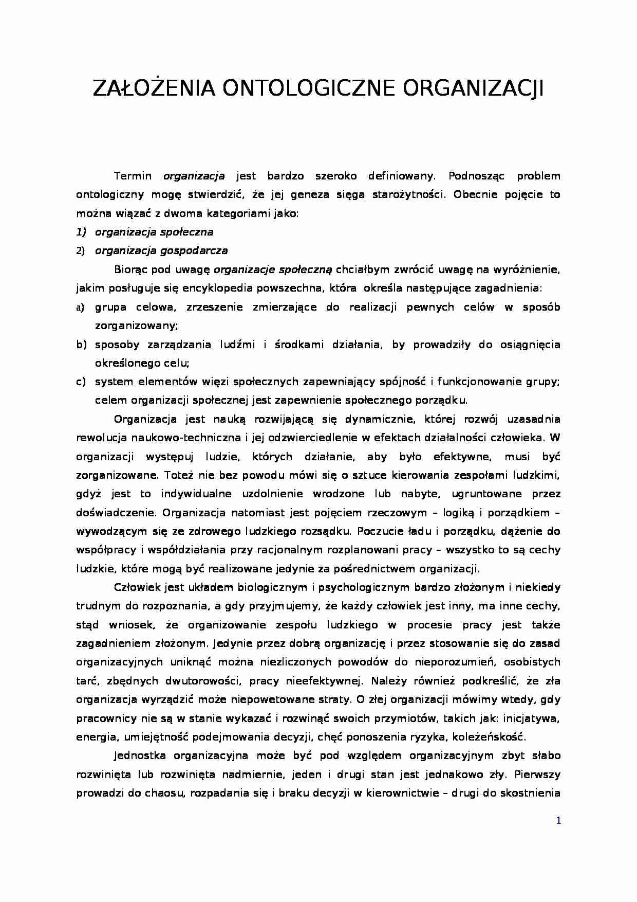 Założenia ontologiczne organizacji - strona 1