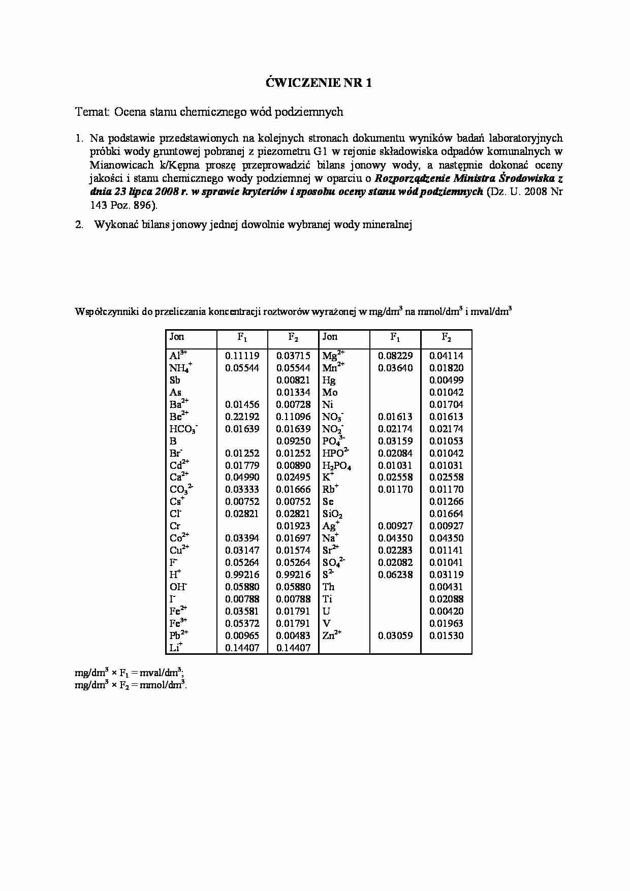 Ochrona wód podziemnych - notatki z ćwiczeń - strona 1