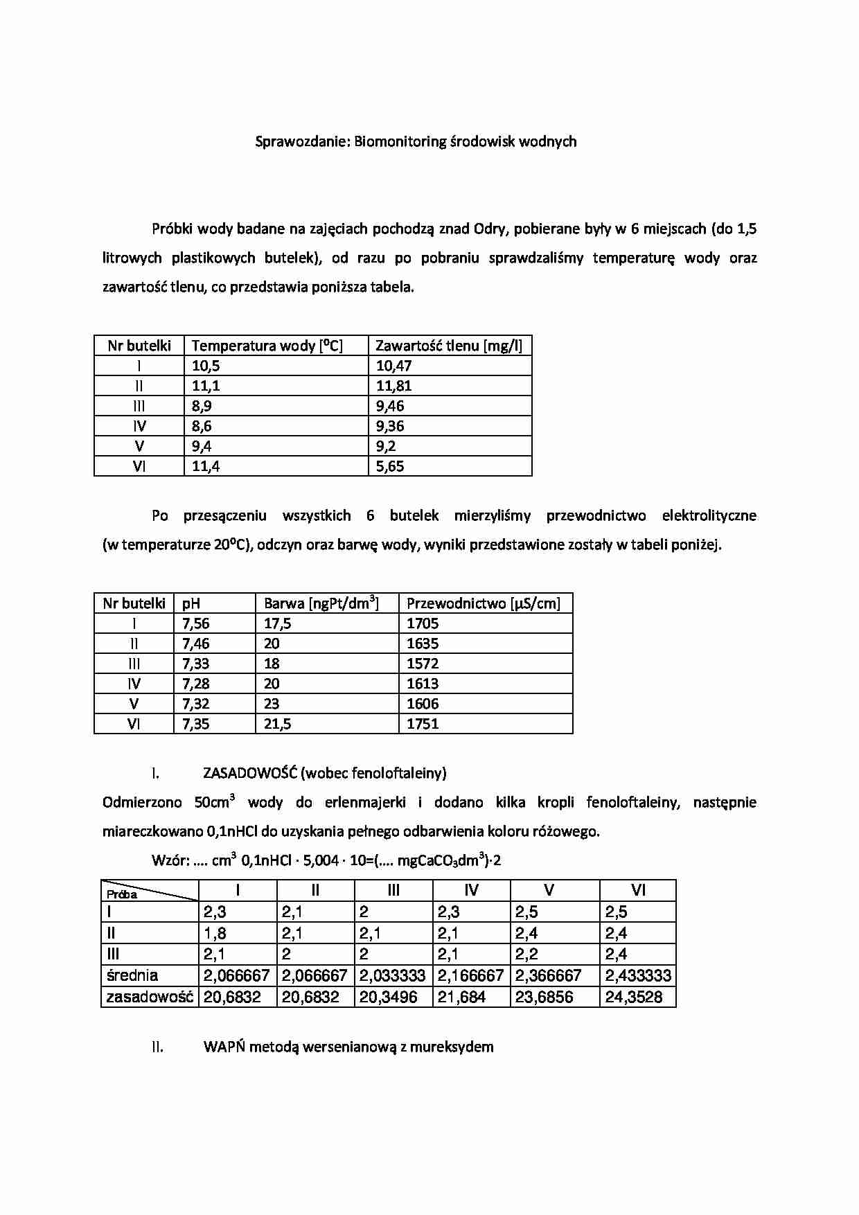 Sprawozdanie: Biomonitoring środowisk wodnych - strona 1