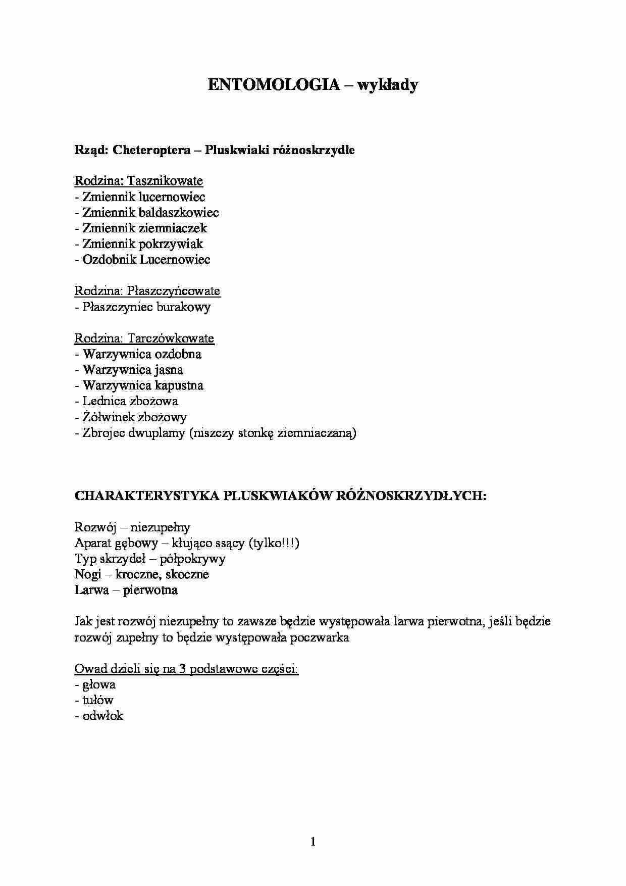 Entomologia - notatki z wykładu 1 - strona 1