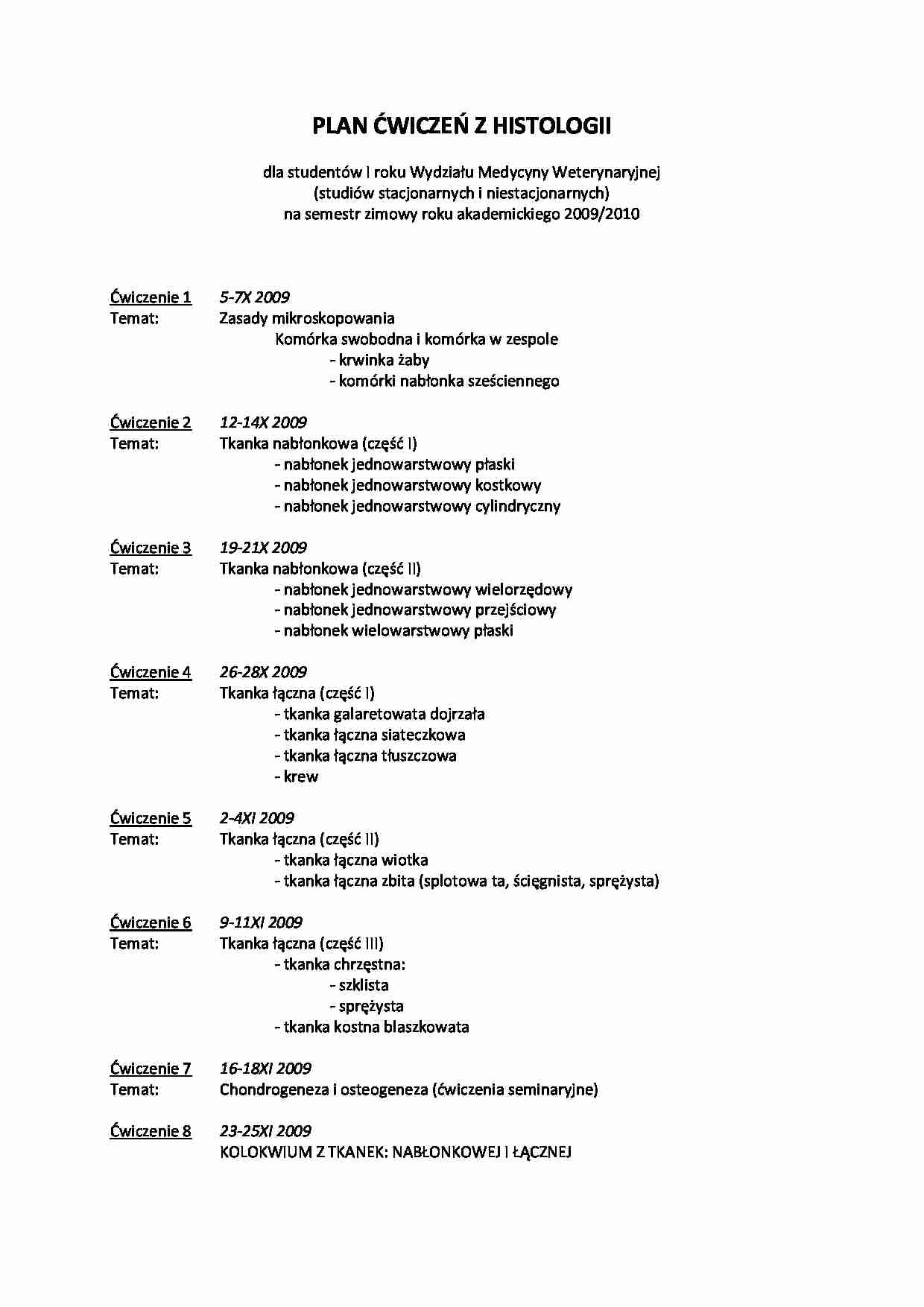 Plan ćwiczeń z histologii - strona 1