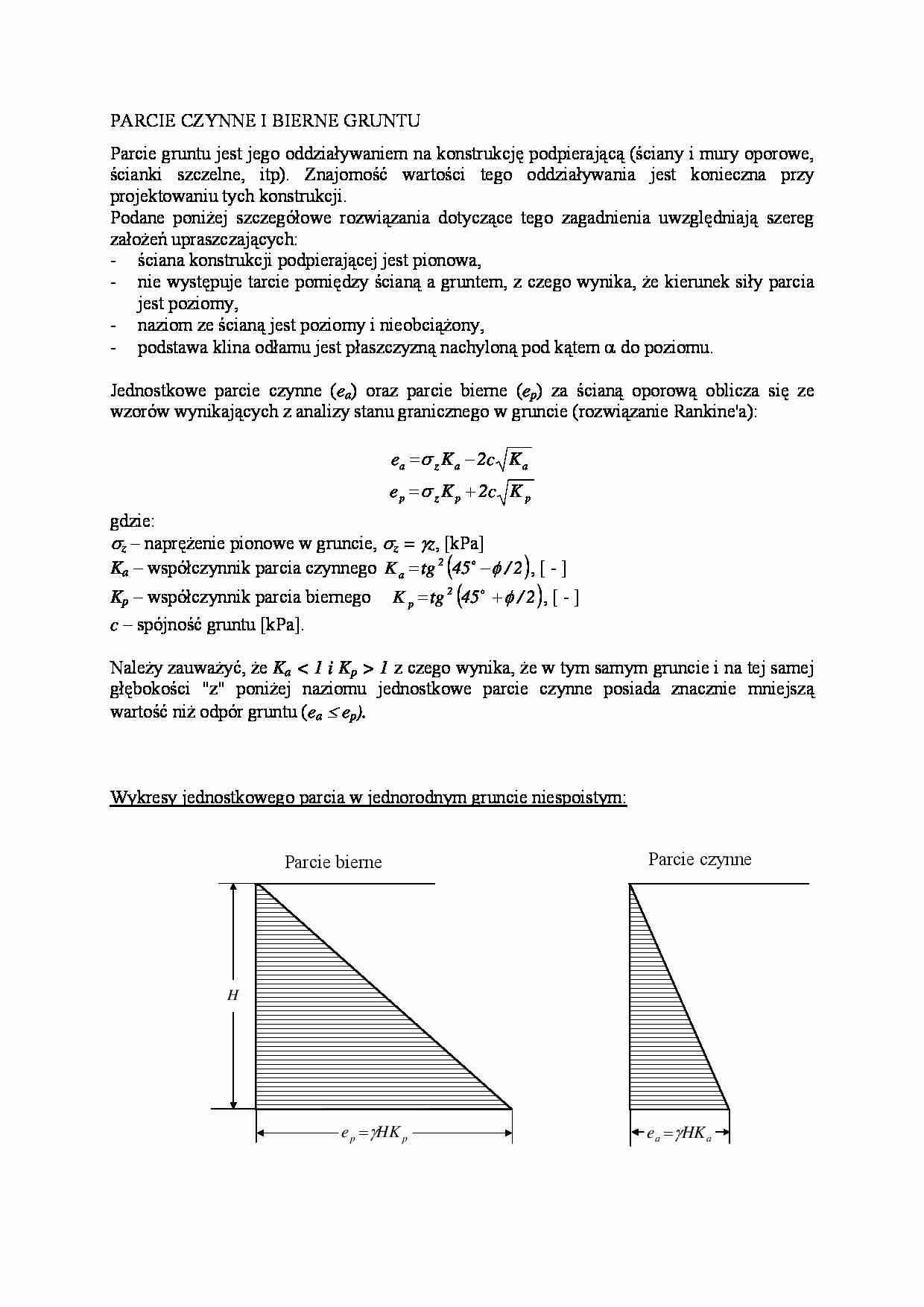 Parcie czynne i bierne gruntu - wykres i wzory - strona 1
