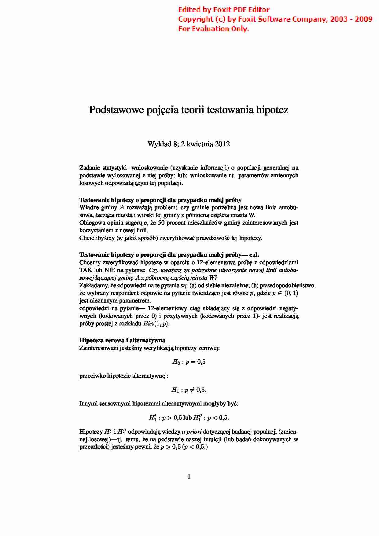 Podstawowe pojęcia teorii tesowania hipotez - strona 1