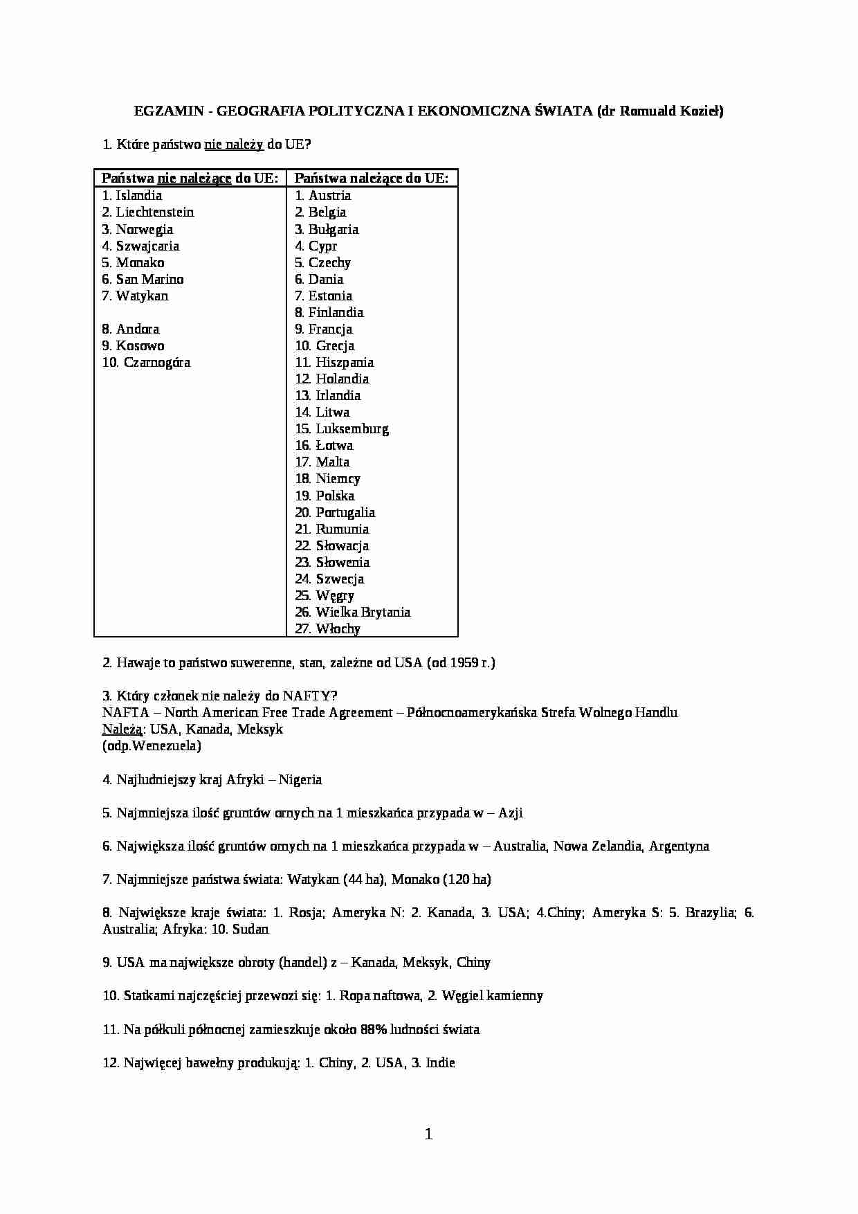 Geografia polityczna i ekonomiczna świata-egzamin - strona 1