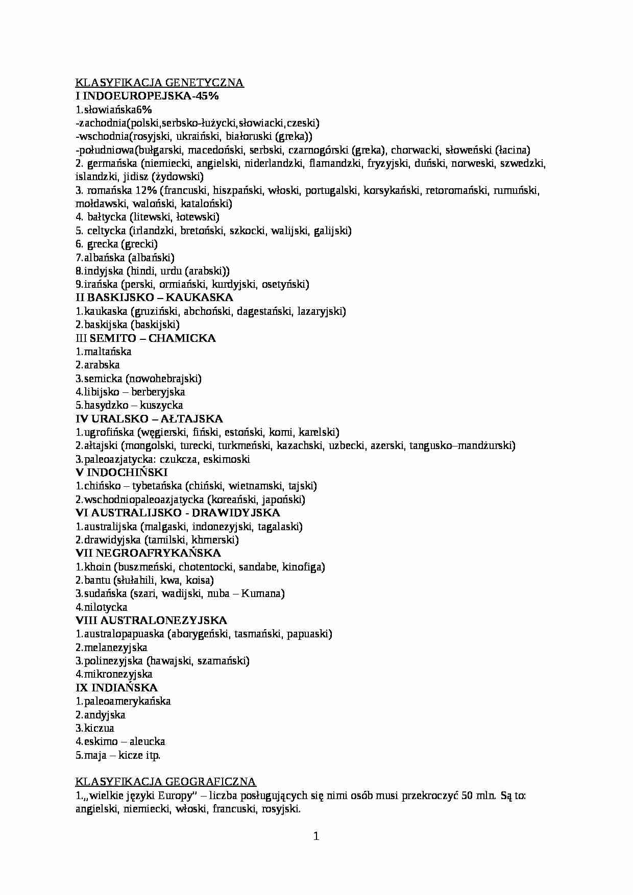 Języki - KLASYFIKACJA GENETYCZNA - strona 1