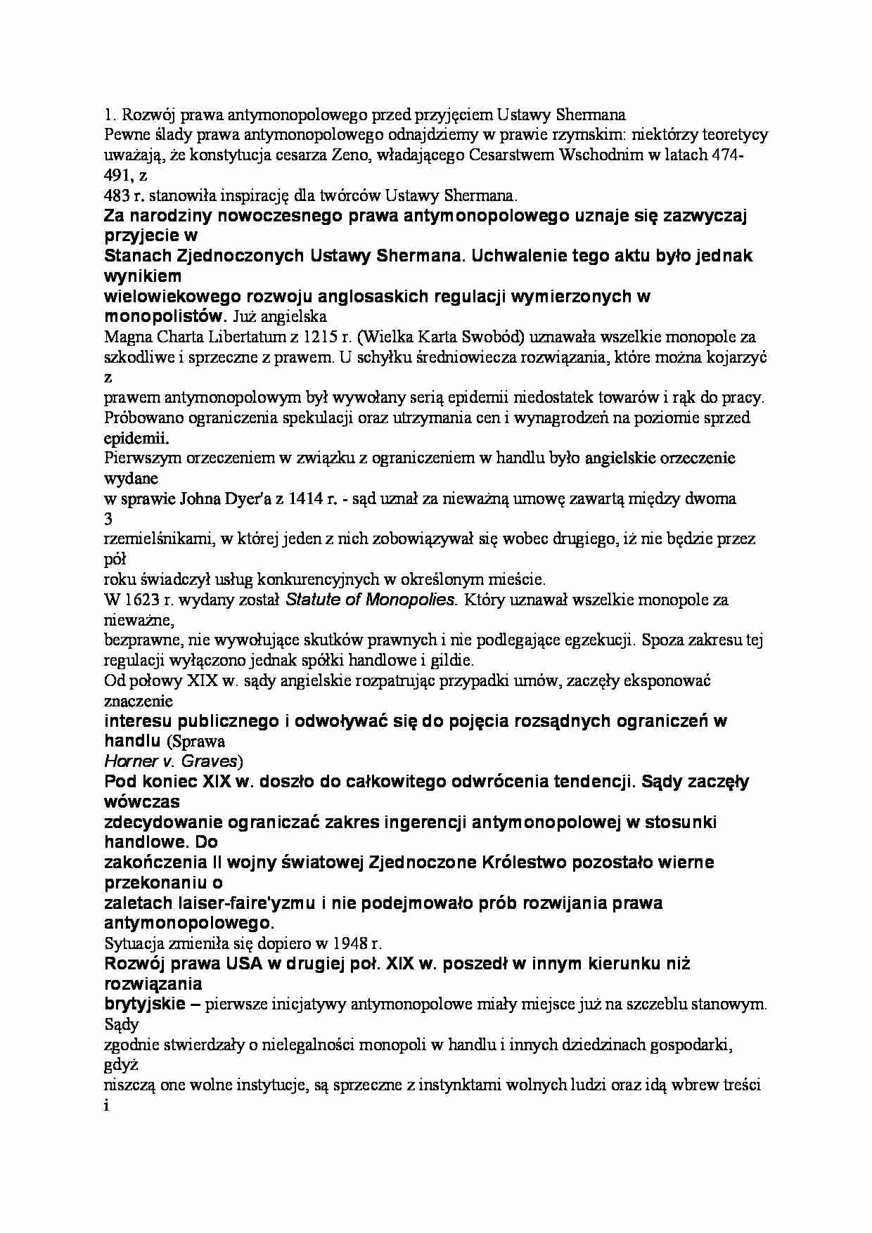 Rozwój prawa antymonopolowego przed przyjęciem Ustawy Shermana - strona 1