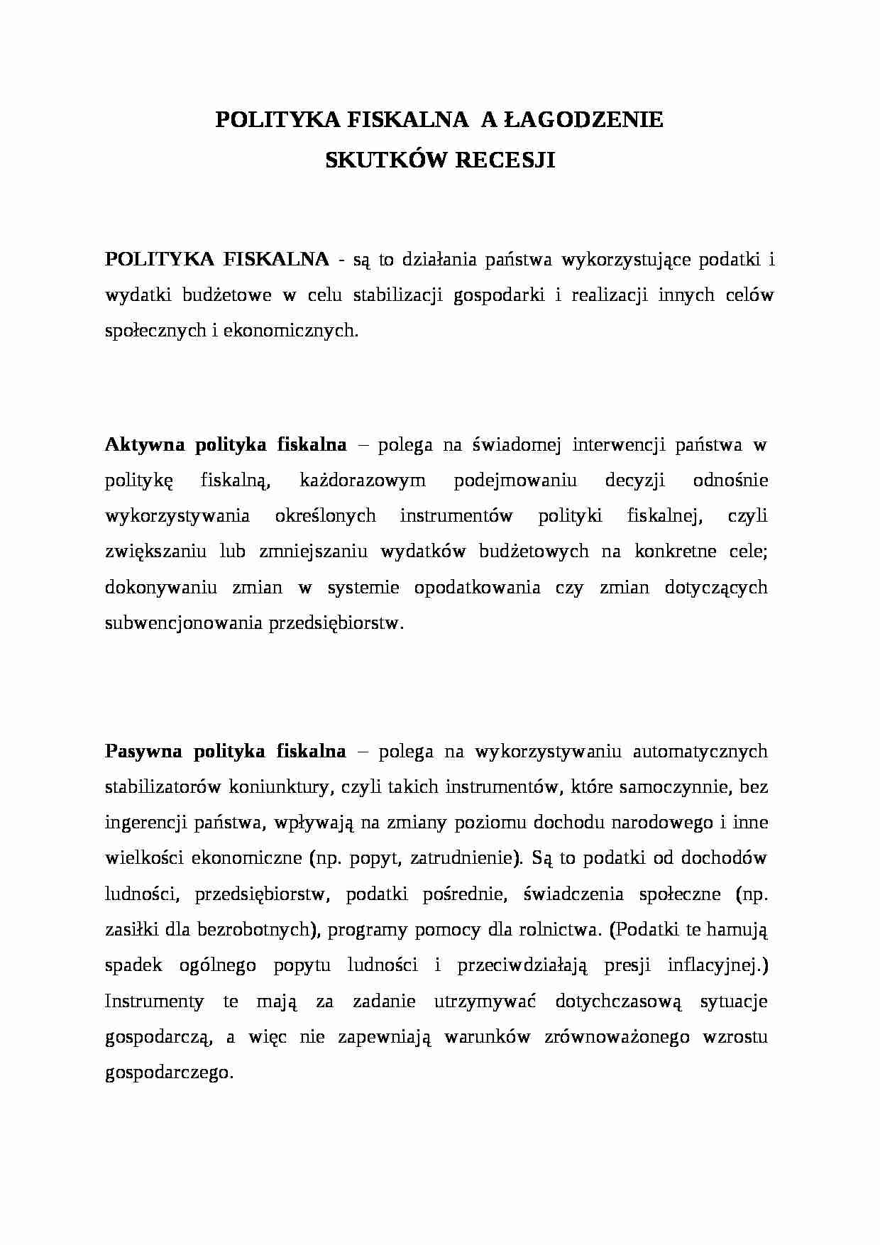 Polityka fiskalna a łagodzenie skutków recesji - strona 1