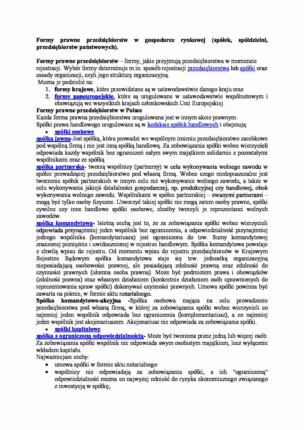 Formy prawne przedsiębiorstw w gospodarce rynkowej - strona 1