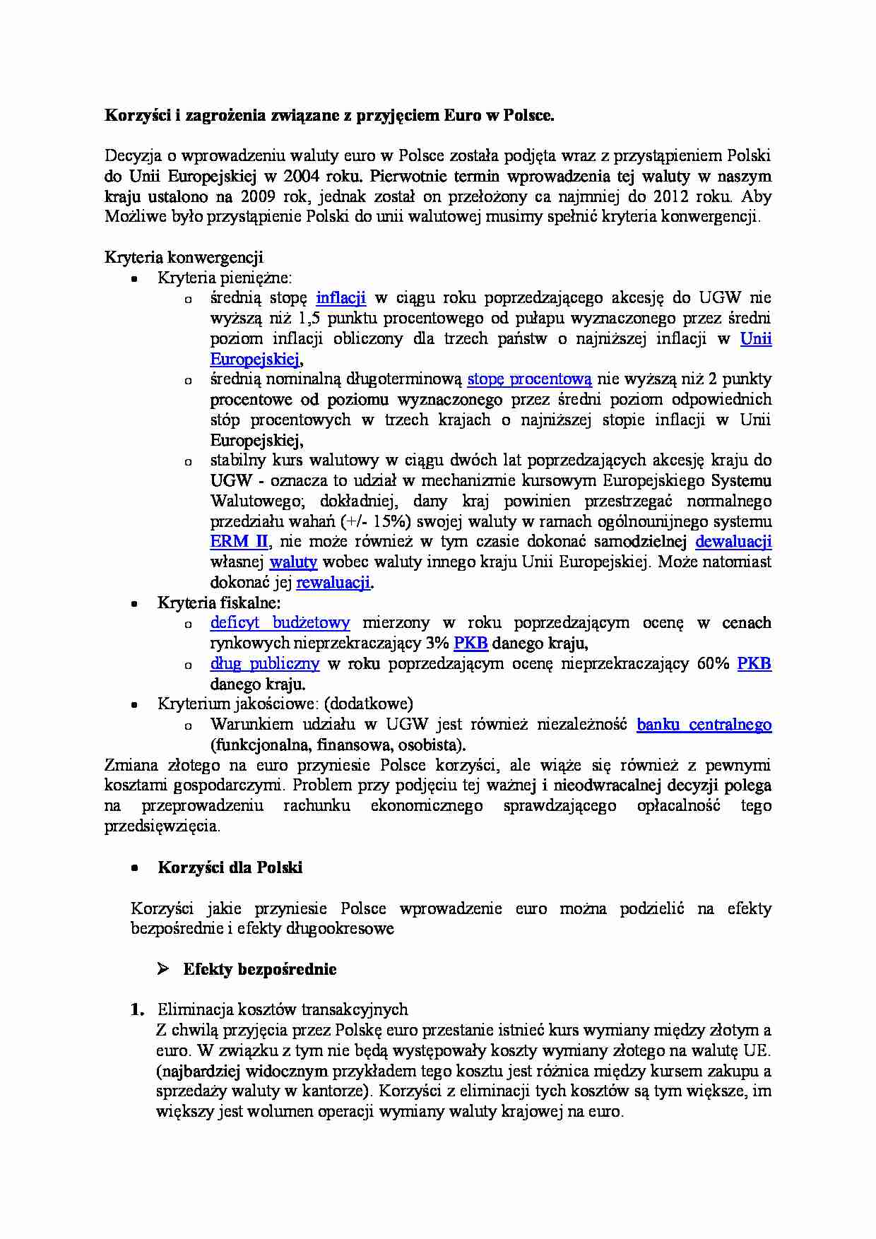 Korzyści i zagrożenia związane z przyjęciem euro w Polsce - strona 1