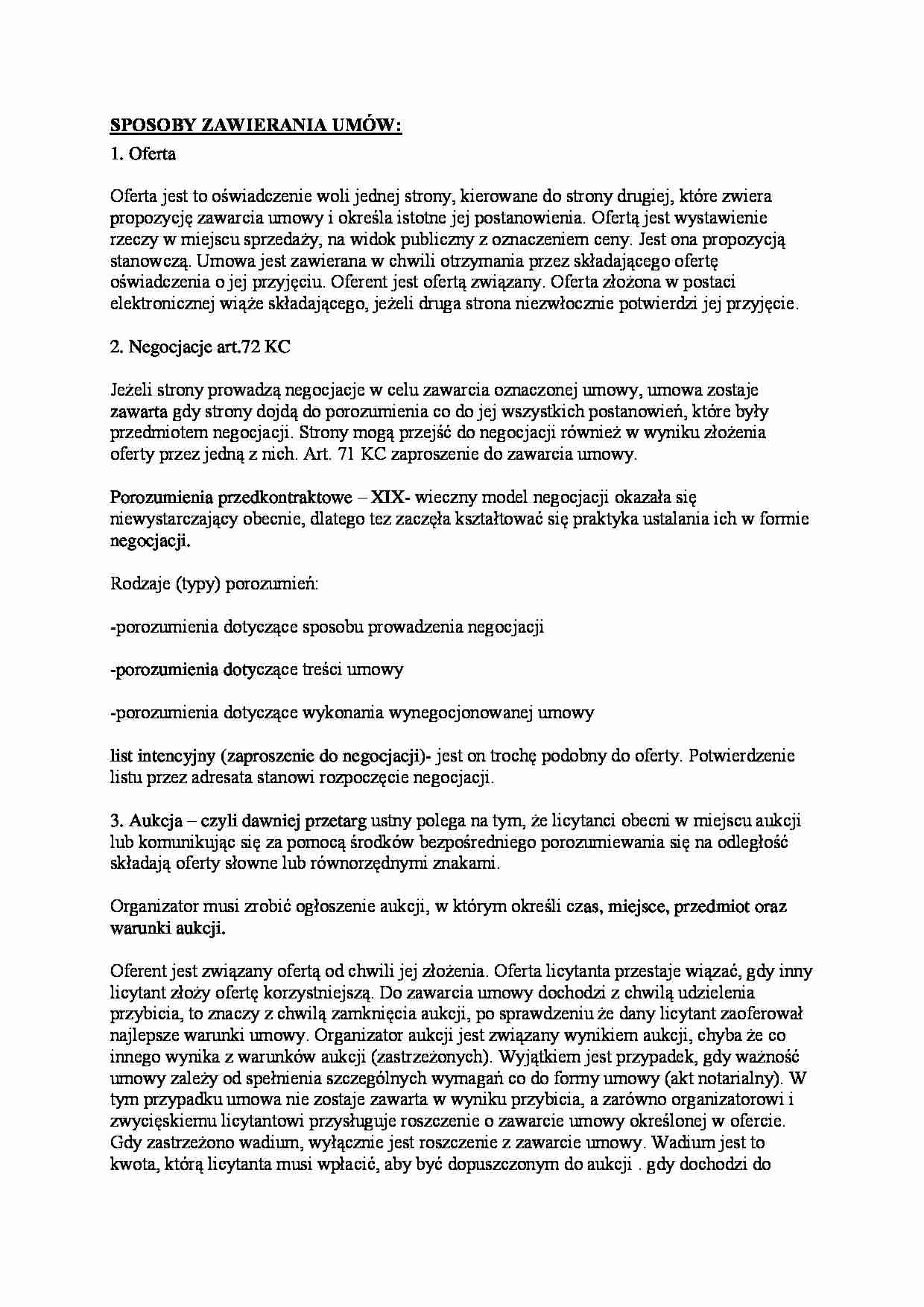 Sposoby zawierania umów, ich formy i podział - strona 1