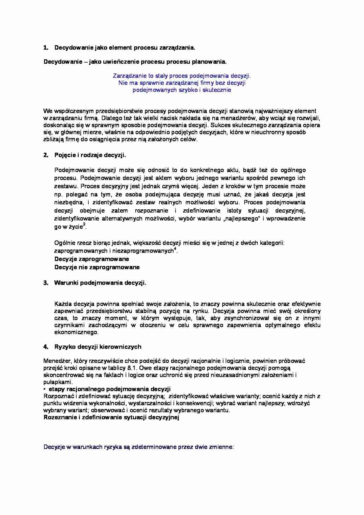 Decydowanie jako element procesu zarządzania - strona 1