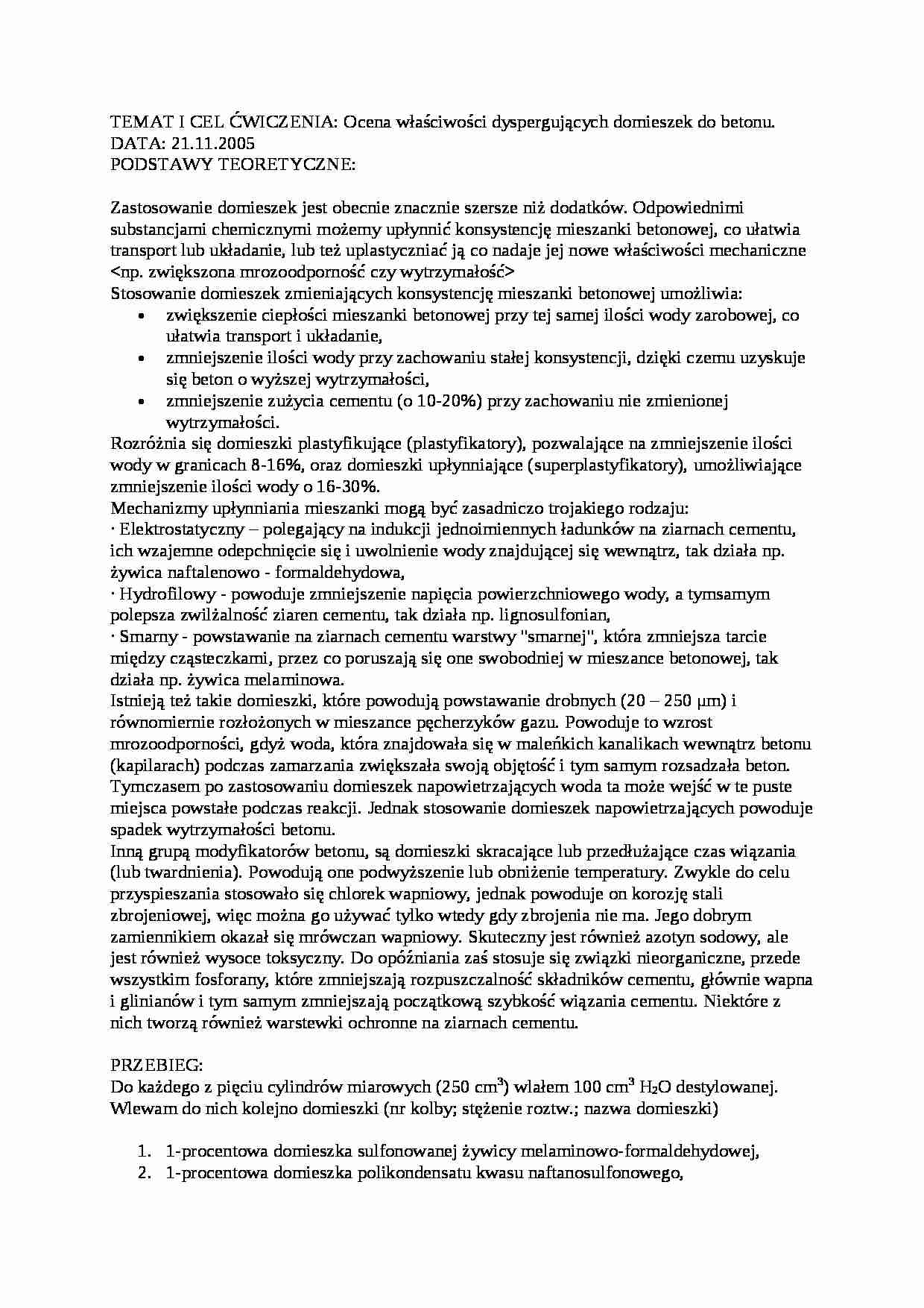 Właściwości dyspergujących domieszek do betonu - strona 1
