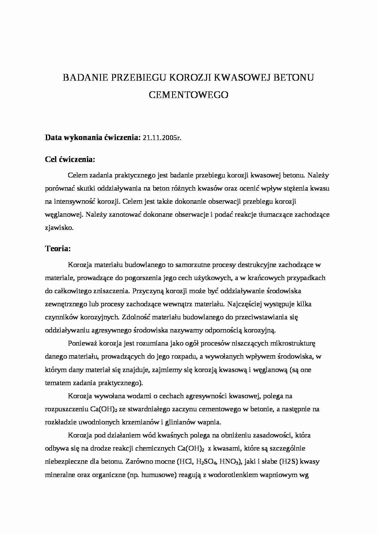 Korozja kwasowa betonu cementowego  - strona 1