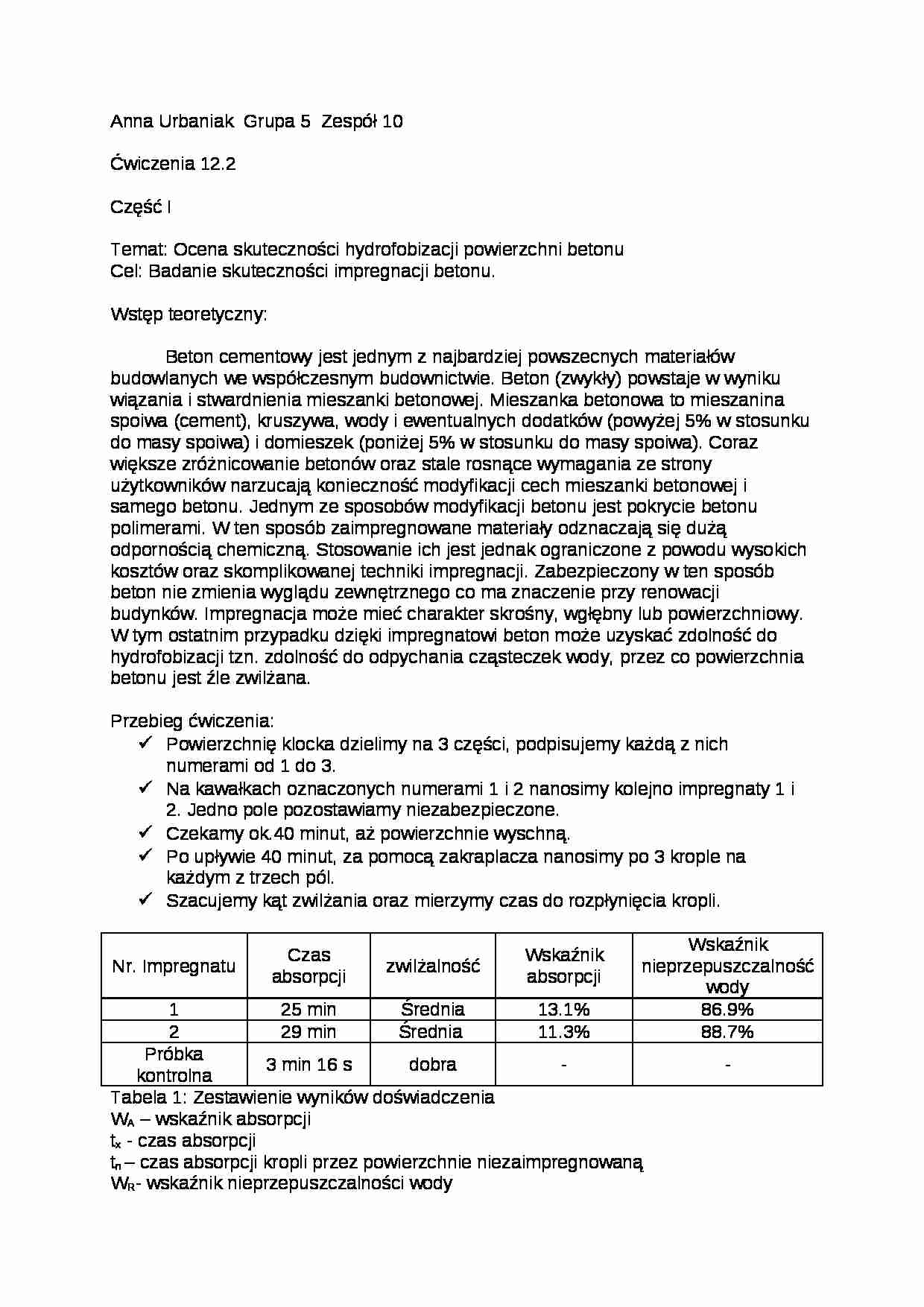 Skuteczność hydrofobizacji powierzchni betonu - strona 1