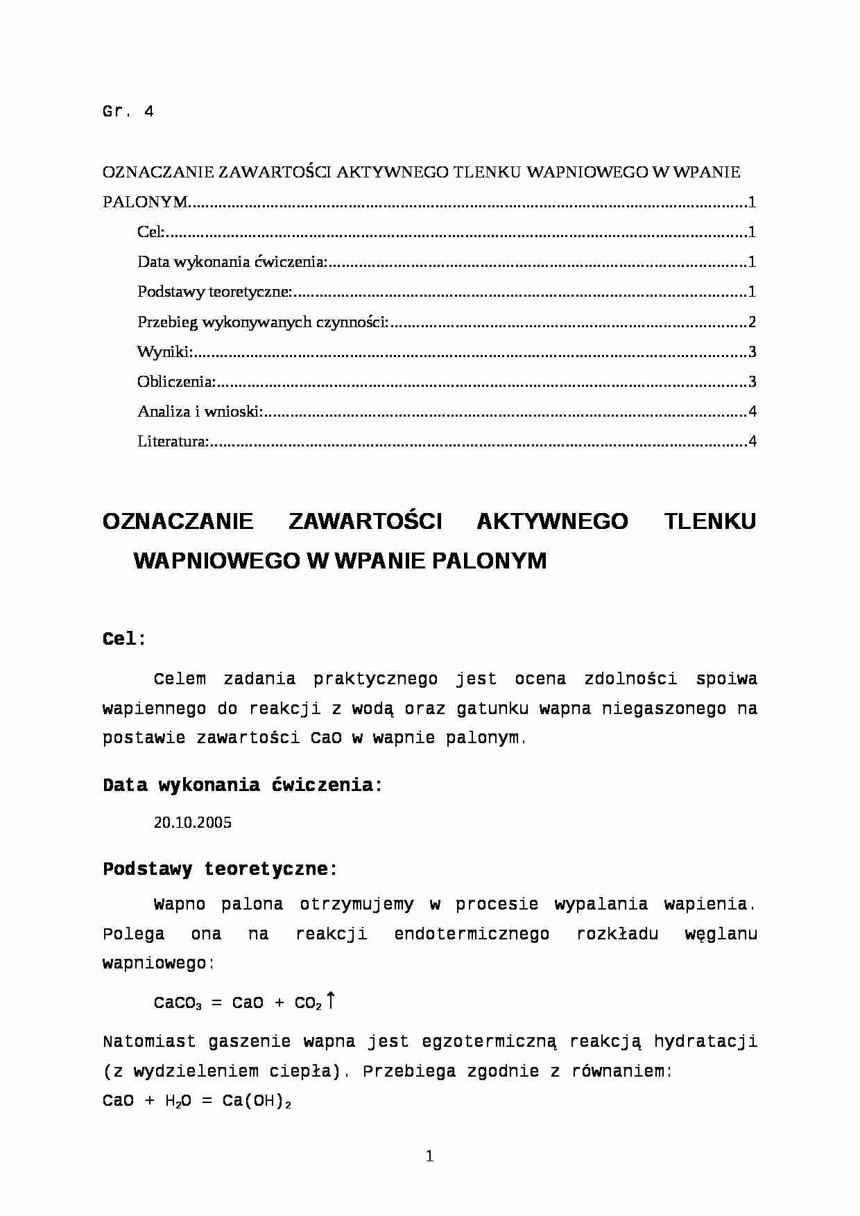 Zawartość aktywnego tlenku w wapnie  - strona 1