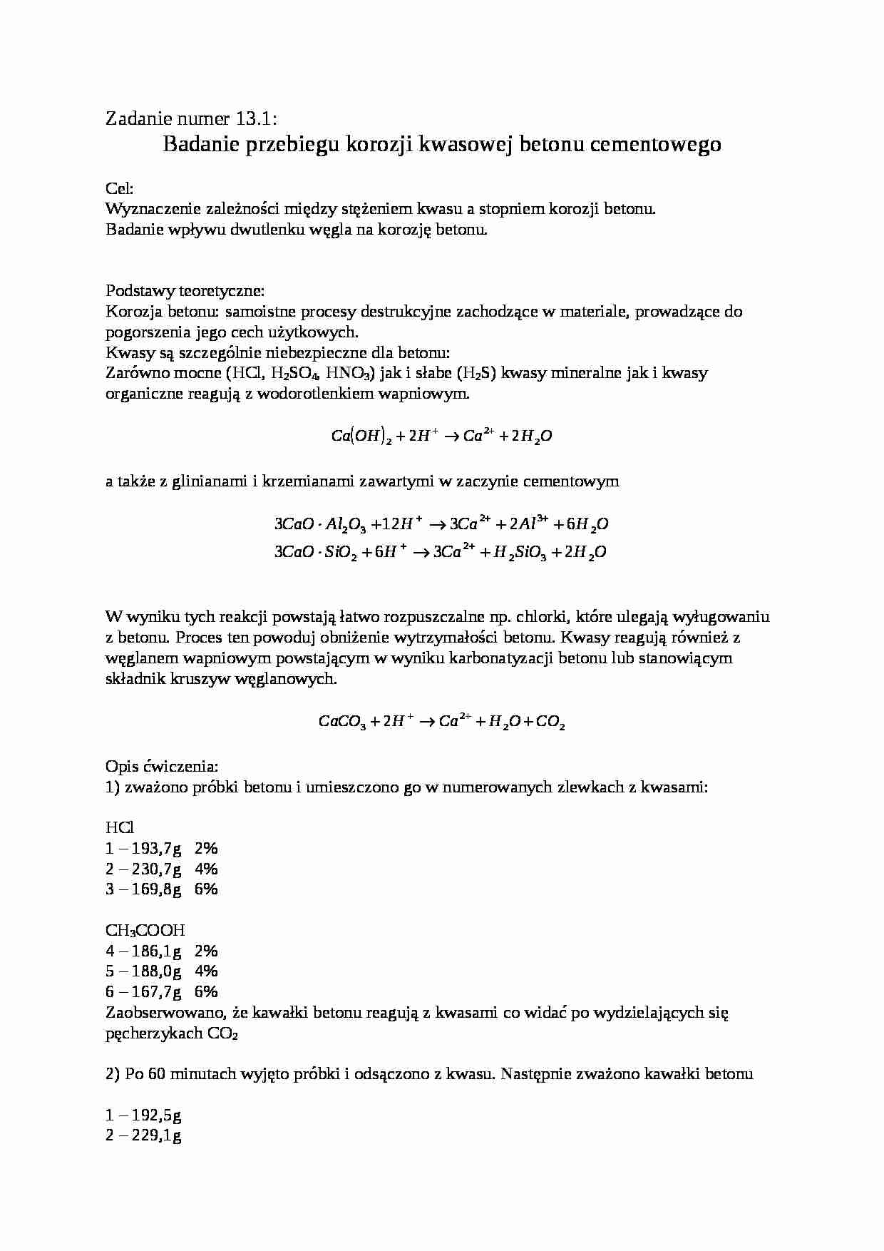 Badanie przebiegu korozji kwasowej betonu  - strona 1