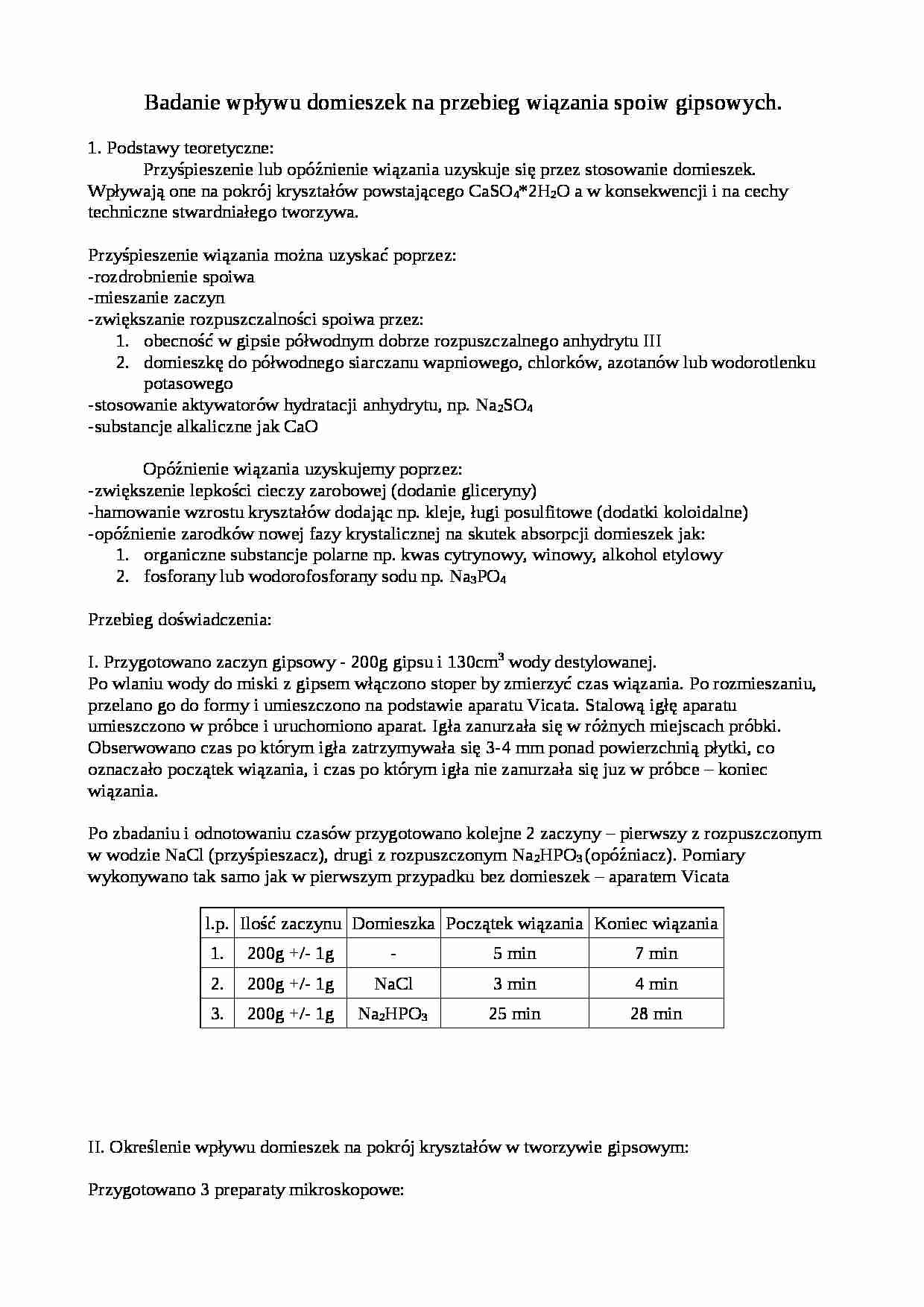 Wpływ domieszek na przebieg wiązania spoiw gipsowych - strona 1