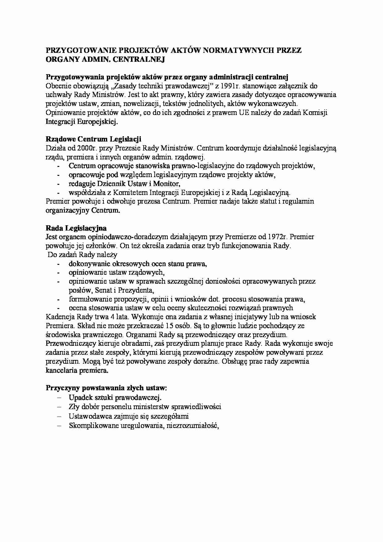 Przygotowanie projektów aktów normatywnych przez organy administracji centralnej - strona 1