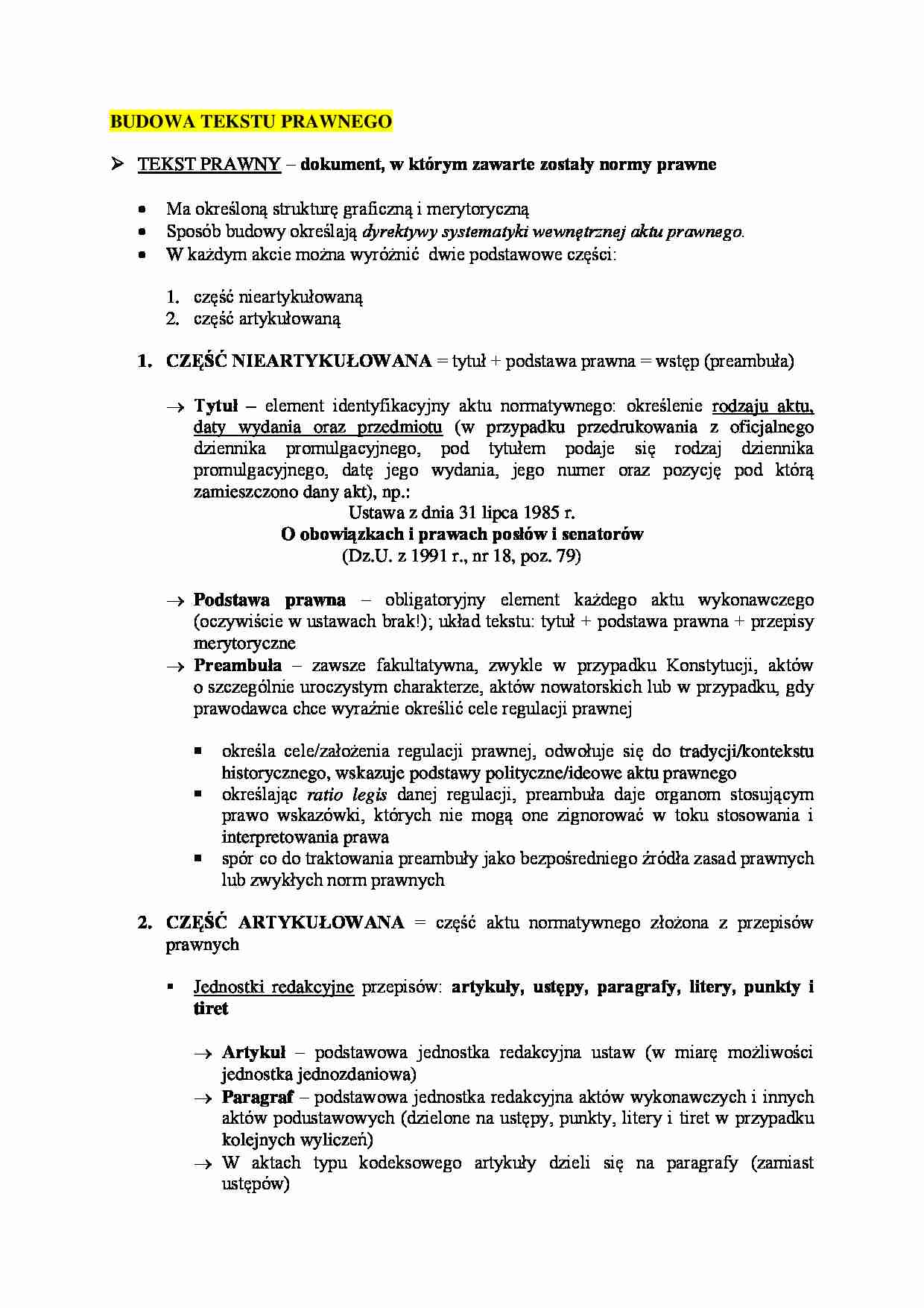 Budowa tekstu prawnego - normy prawne - strona 1