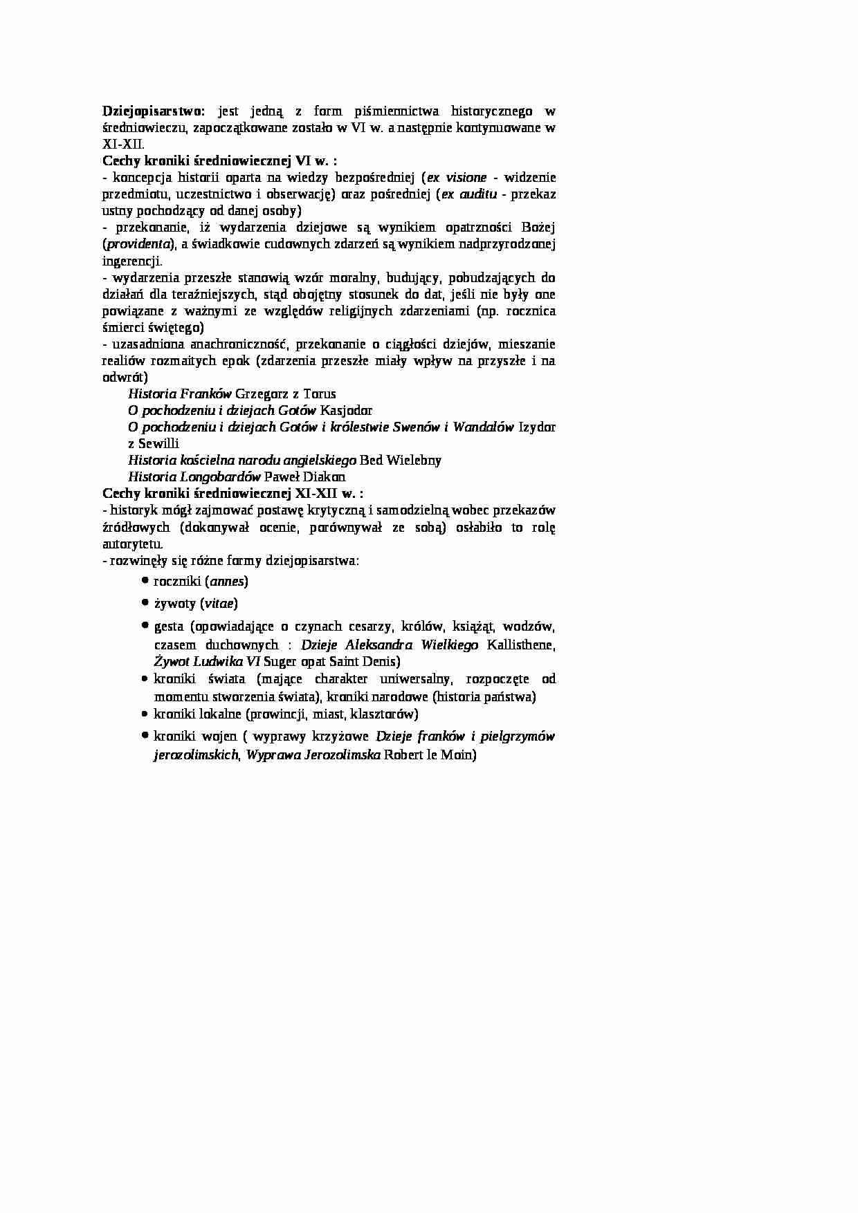 Dziejopisarstwo - cechy kroniki średniowiecznej - strona 1