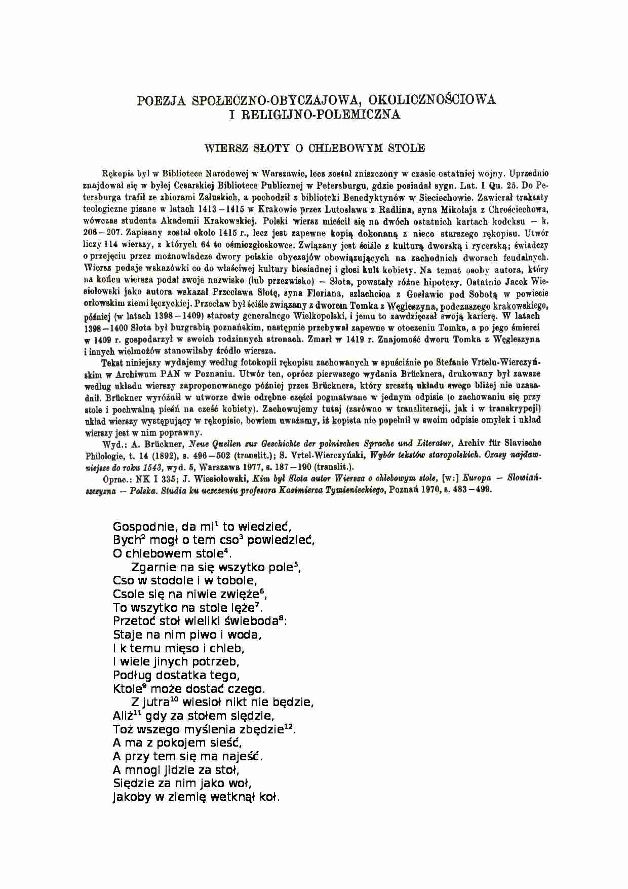 Słoty - Wiersz o chlebowym stole - strona 1