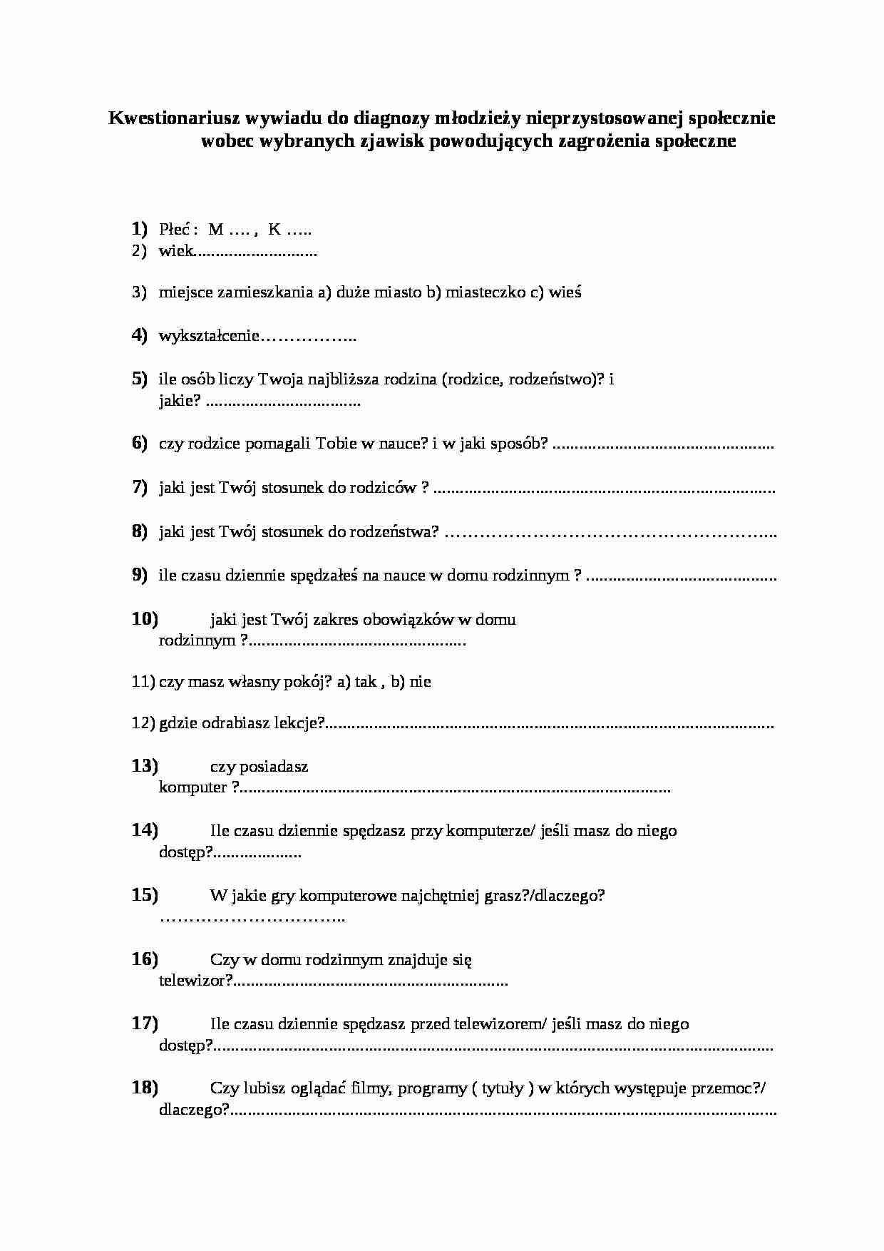 Kwestionariusz wywiadu do diagnozy młodzieży  - strona 1